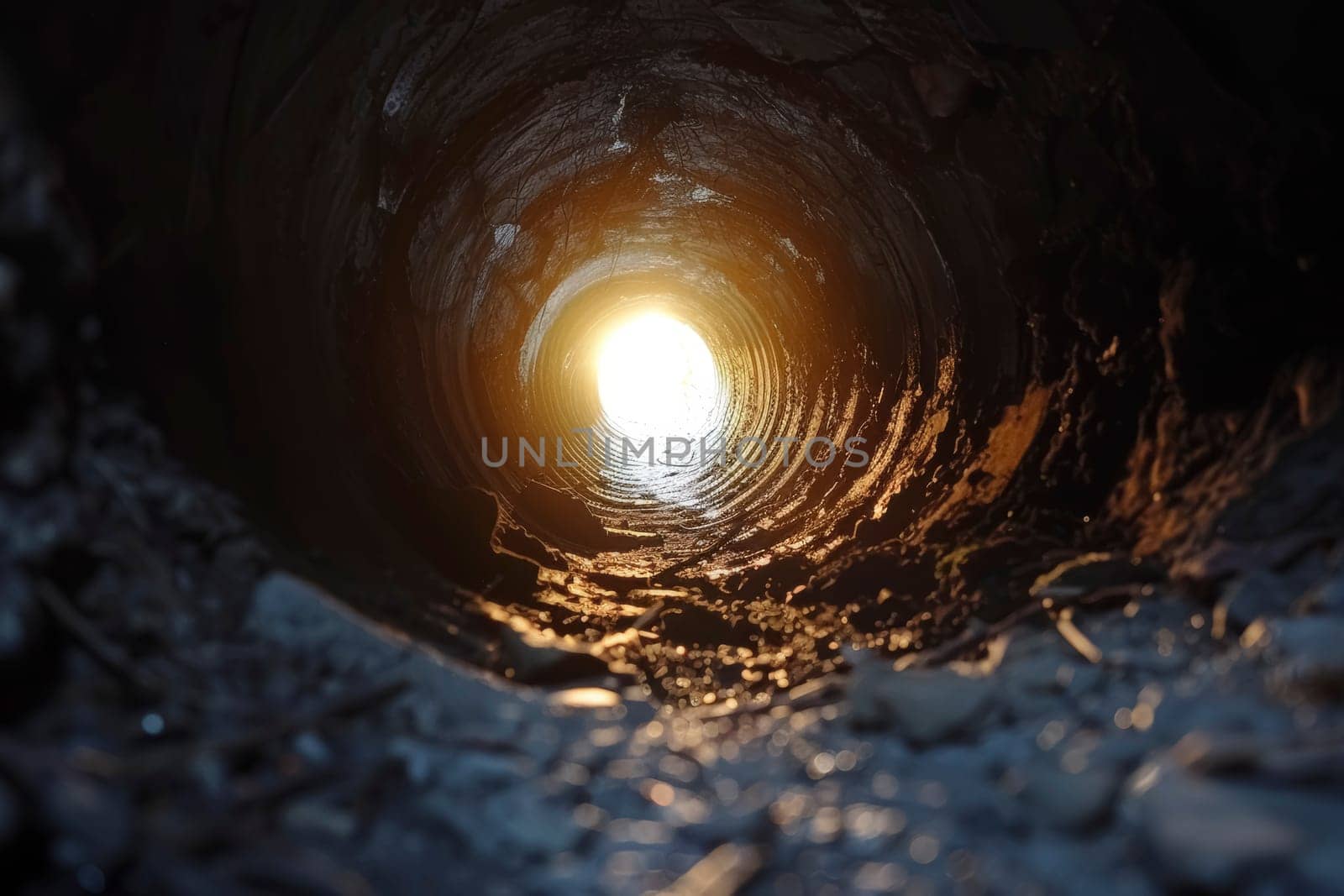 A metaphorical representation of hope, with sunlight streaming through the end of a rugged tunnel. The journey through darkness leading to a bright exit symbolizes optimism