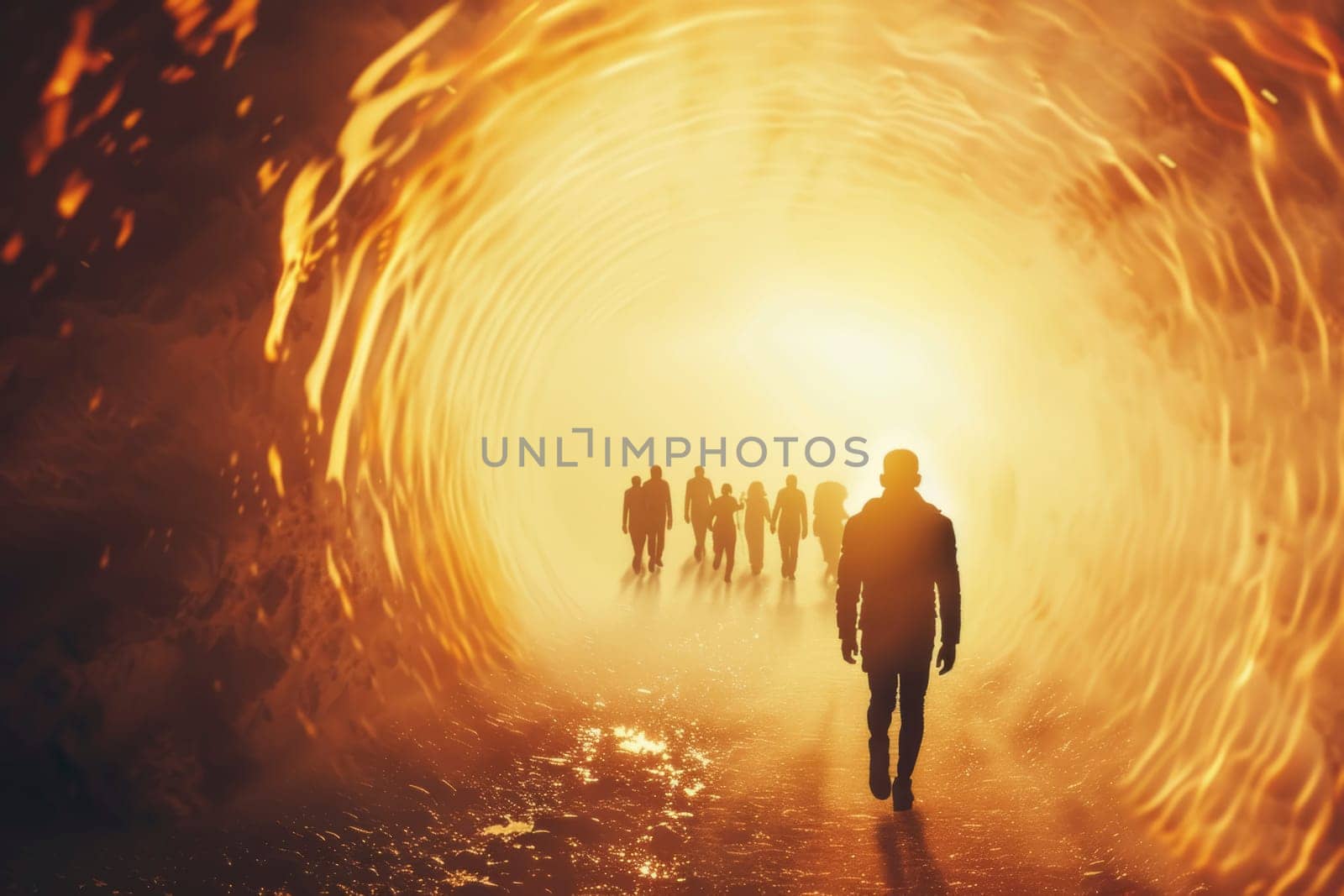 A silhouette stands at the end of an illuminated tunnel, with figures approaching in the backdrop. The fiery glow imparts a sense of drama and mystery