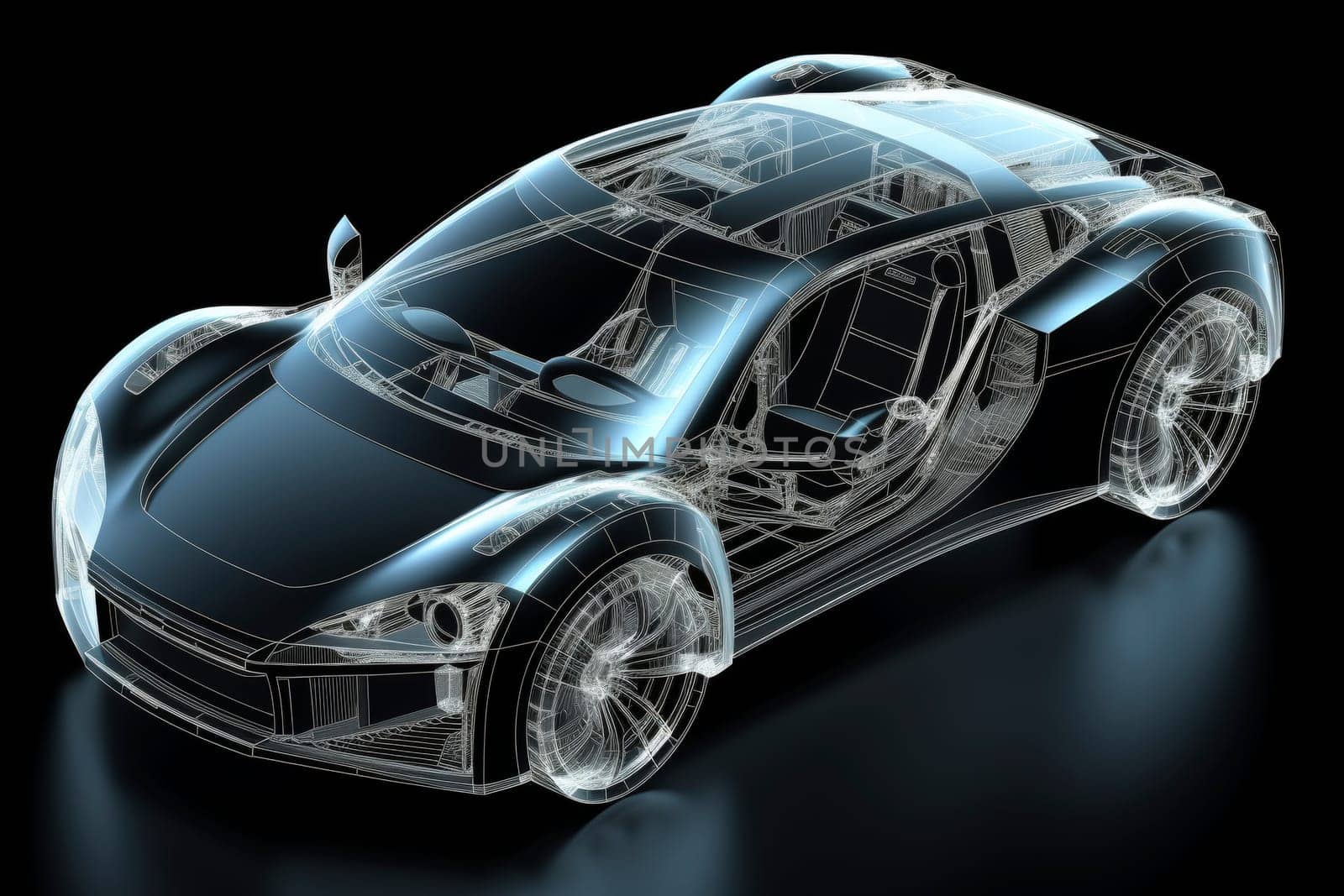 Transparent car design concept on a black background. Automotive design and engineering concept for design and presentation. Studio shot