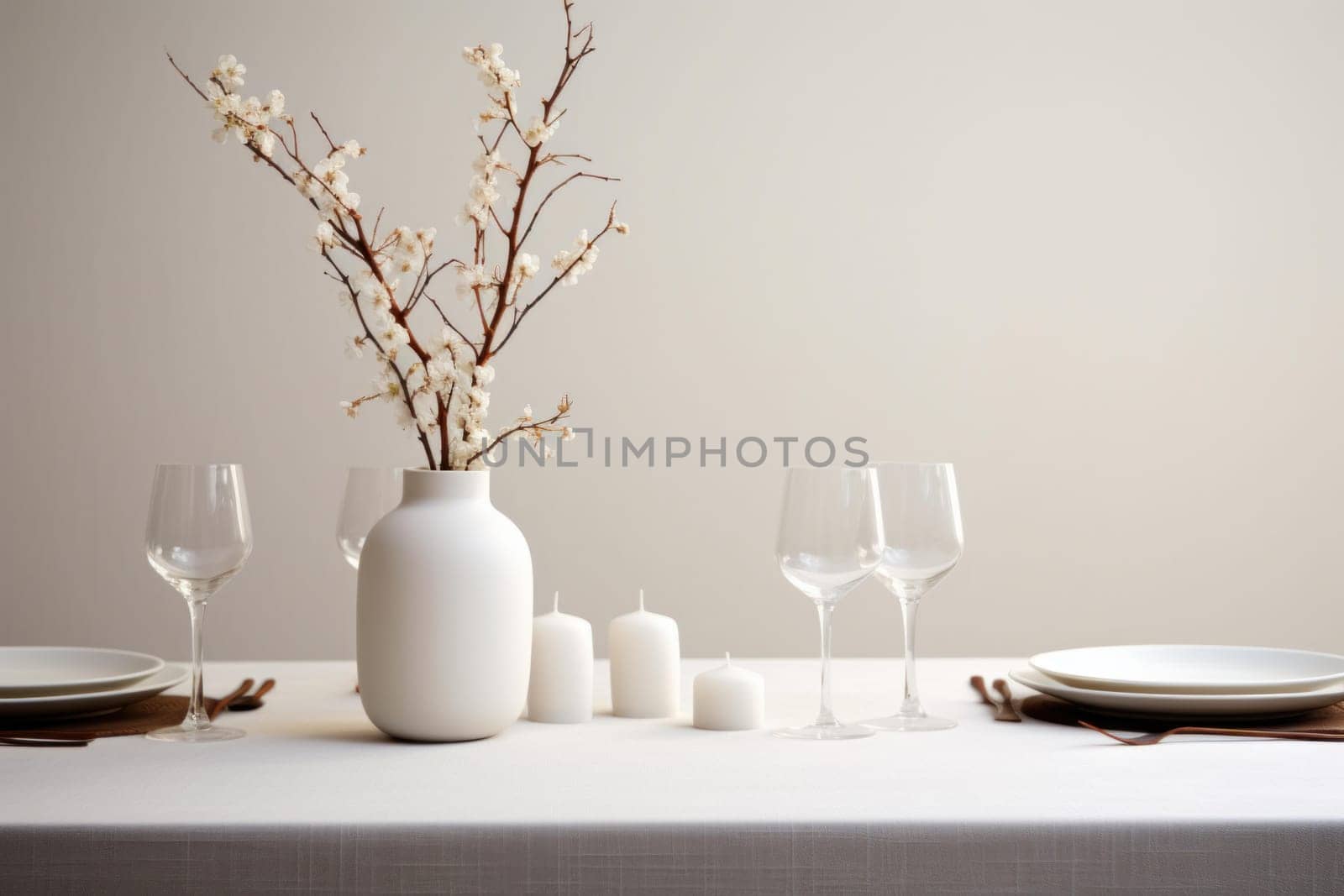 Aromatic Minimalist eucalyptus table decor candles. Generate Ai by ylivdesign