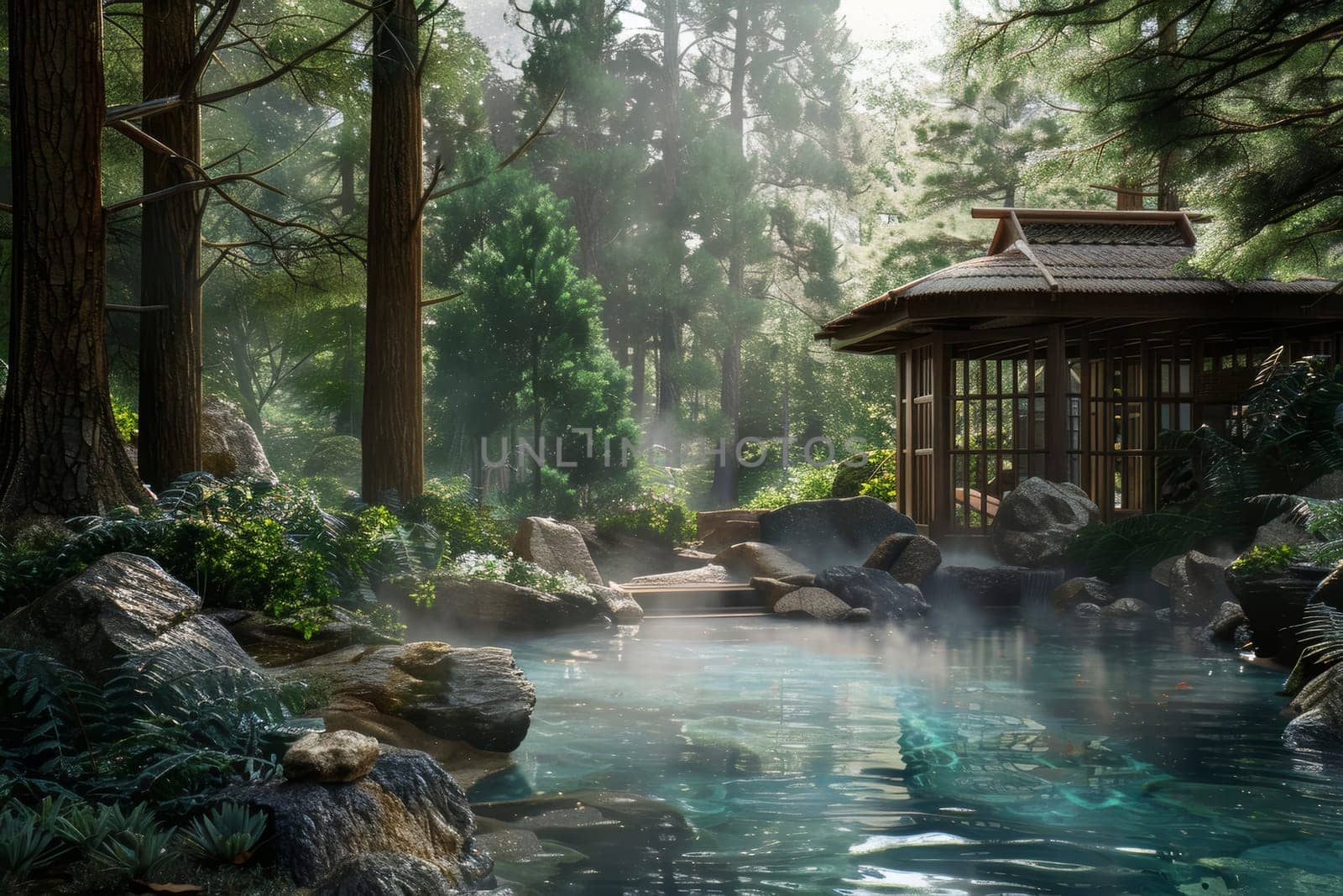 A tranquil spa retreat enveloped in a lush forest setting, with mist rising from a hot pool surrounded by natural stones. Sunlight filters through the trees, enhancing the serene atmosphere