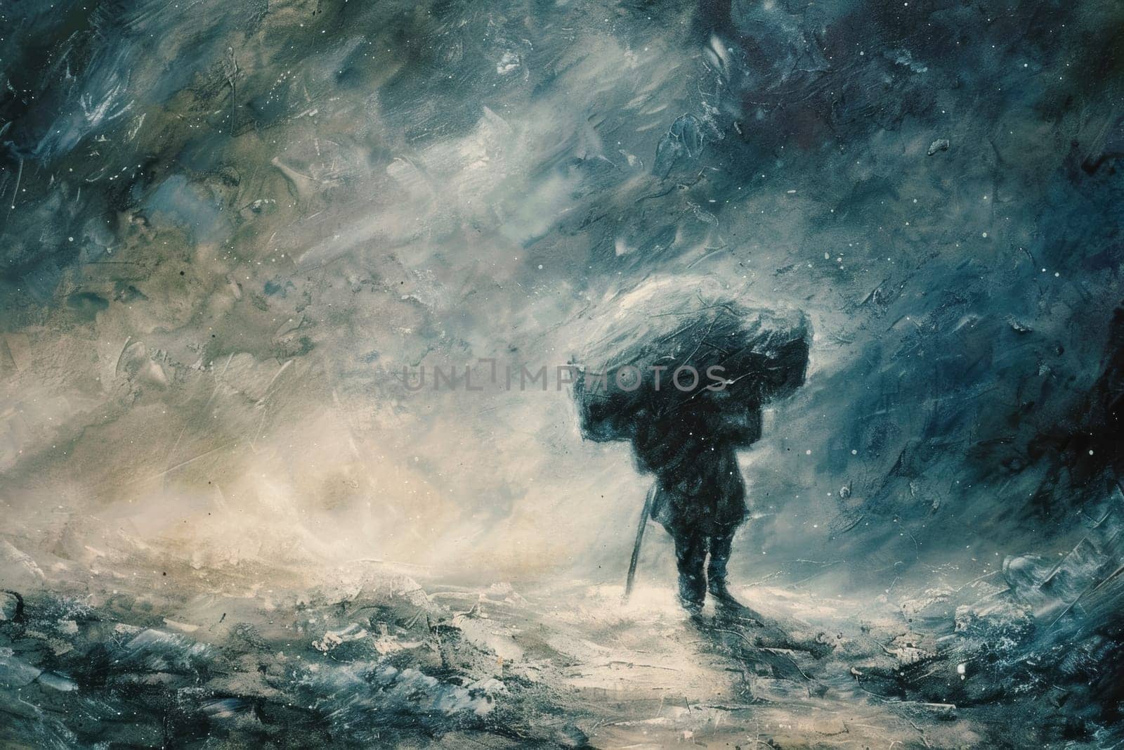 A figure endures a storm, carrying an umbrella against a backdrop of turmoil. This artwork conveys the weight of grief and the struggle to persevere through life's storms