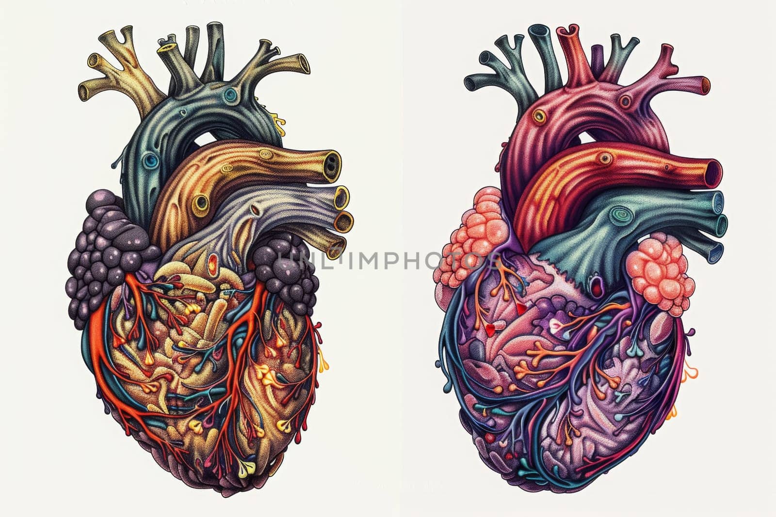 This artwork offers a surreal interpretation of the human heart, richly detailed with vibrant colors and textures. The illustration merges organic and fantastical elements, challenging the viewer's perception of anatomy