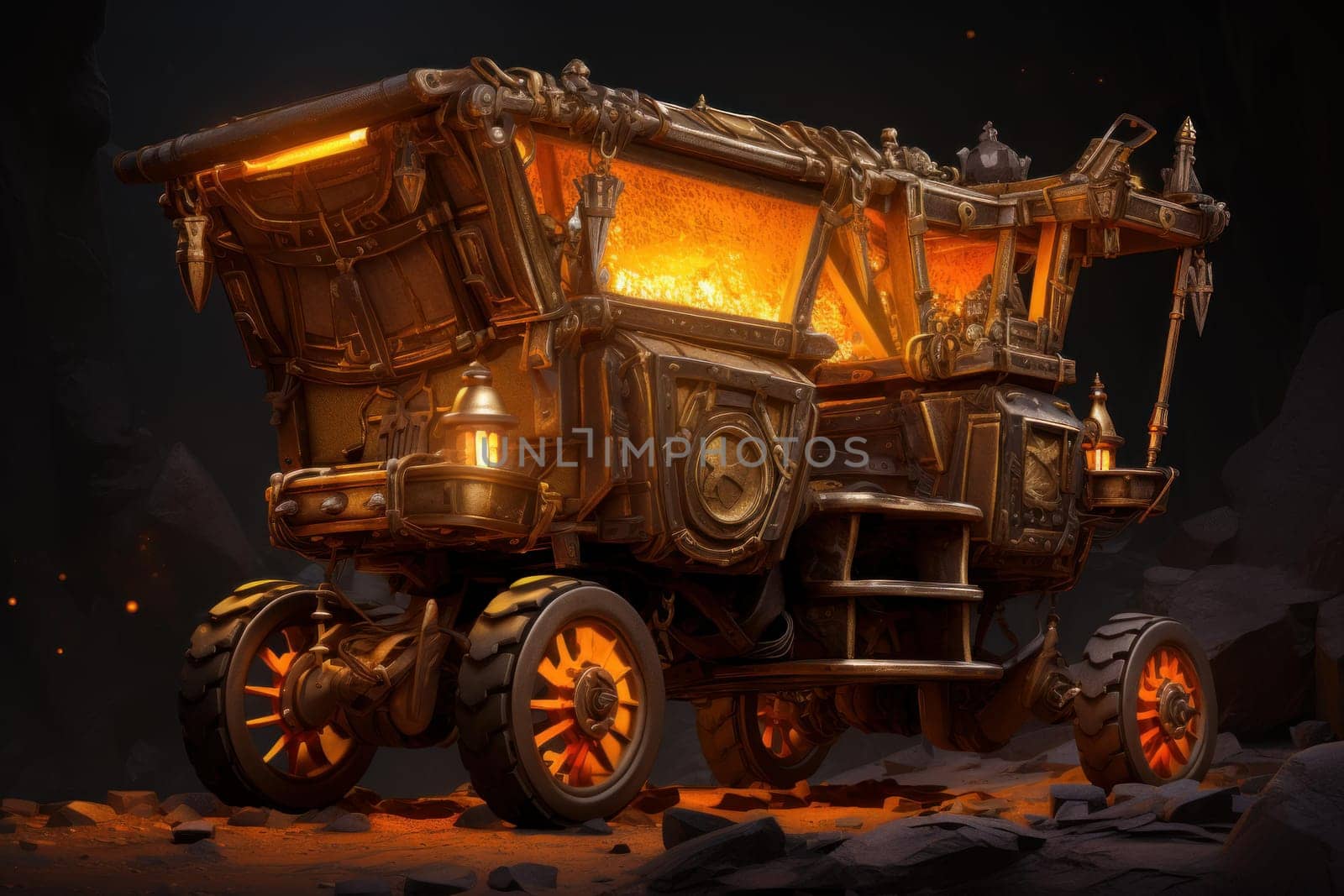 Antique Mining cart gold. Rock tunnel. Generate Ai