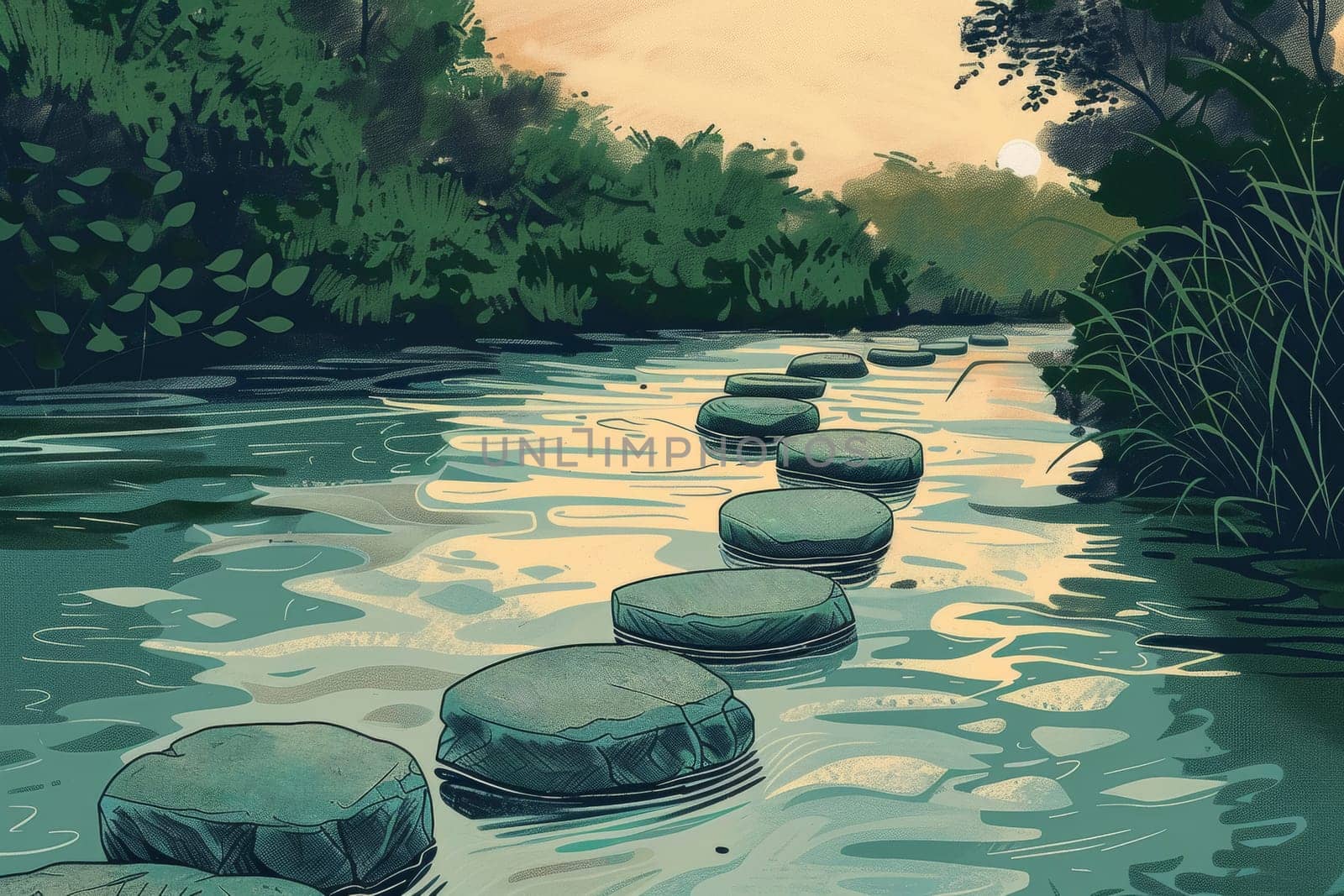 A tranquil illustration depicts a series of stepping stones crossing a calm river, with the gentle hues of dusk coloring the scene. The smooth stones and the reflective water surface create a peaceful and meditative atmosphere