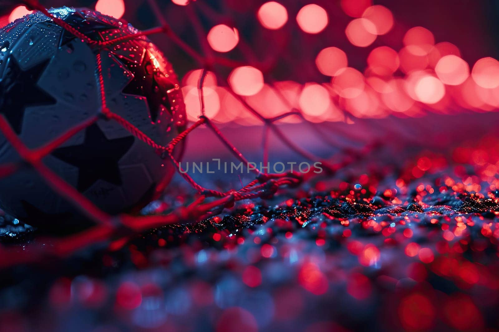 Soccer ball in a net close-up with bokeh background. Goal in a goal with a net.