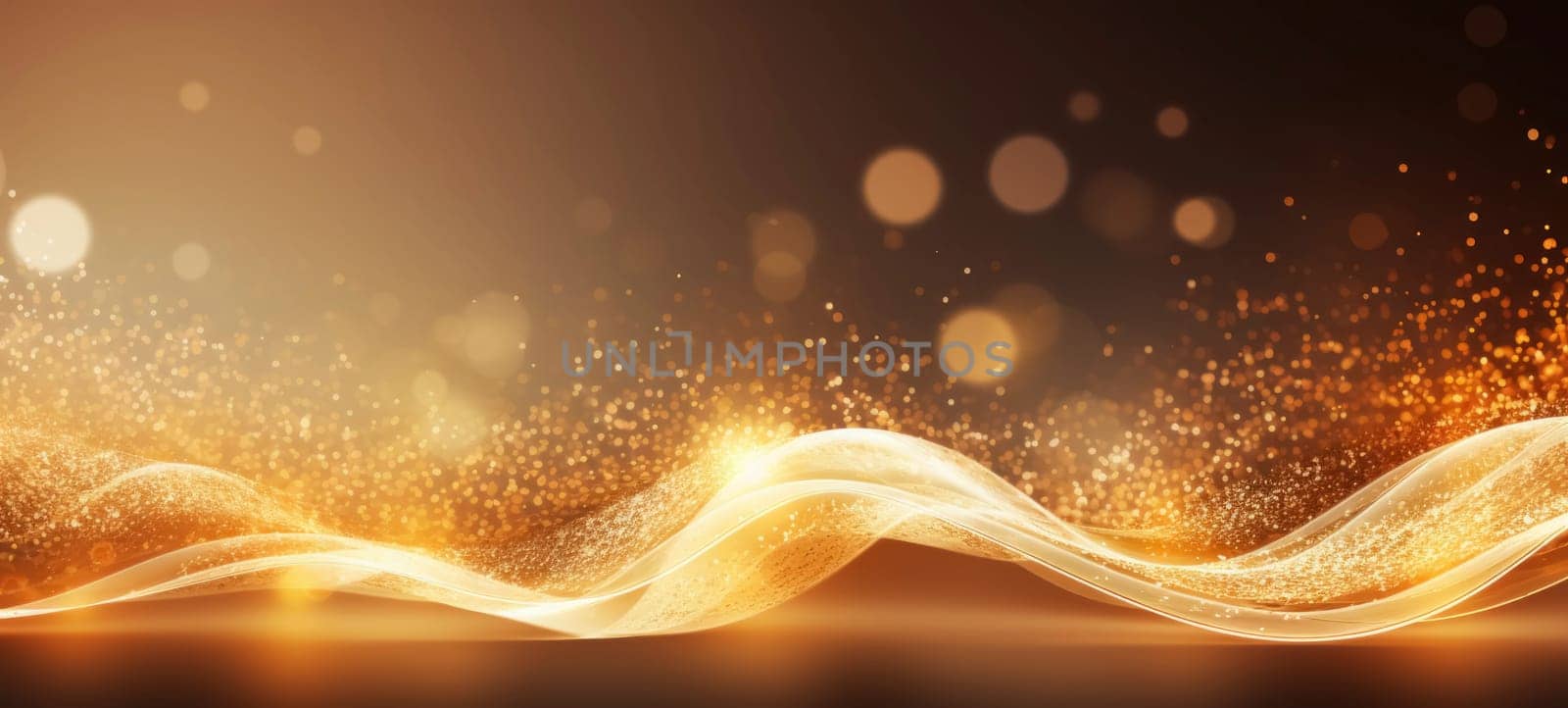 Abstract background featuring golden waves with sparkling particles.