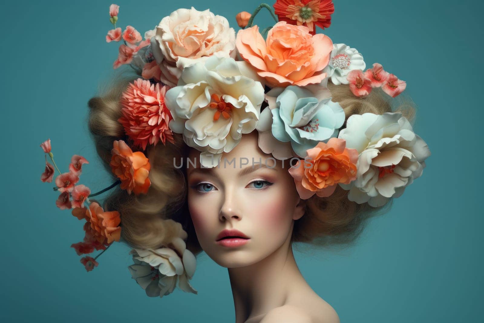 Radiant Model with head decorated with flowers. Generate ai by ylivdesign