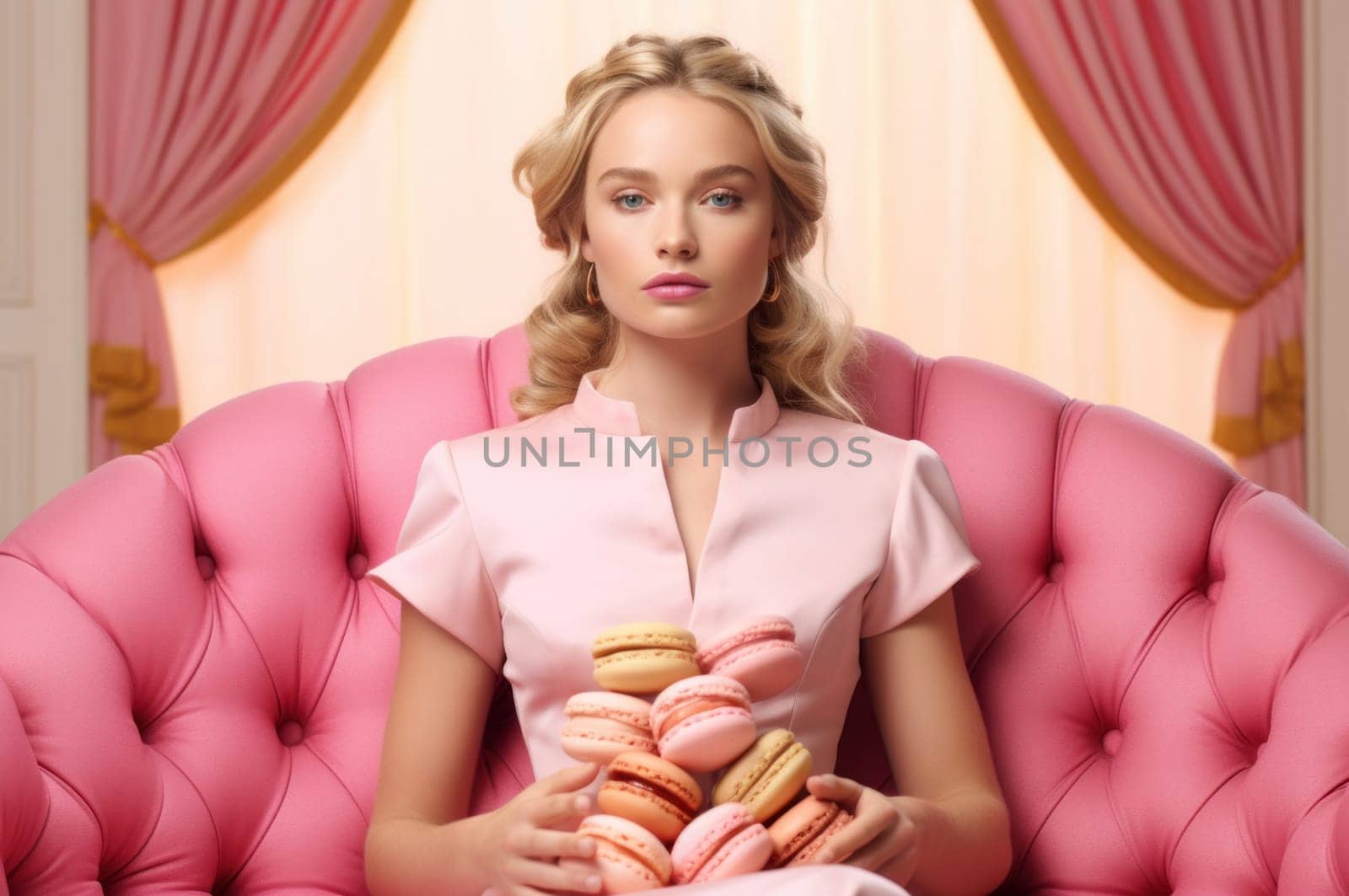 Enticing Model sitting macaroon. Pink sweet. Generate Ai