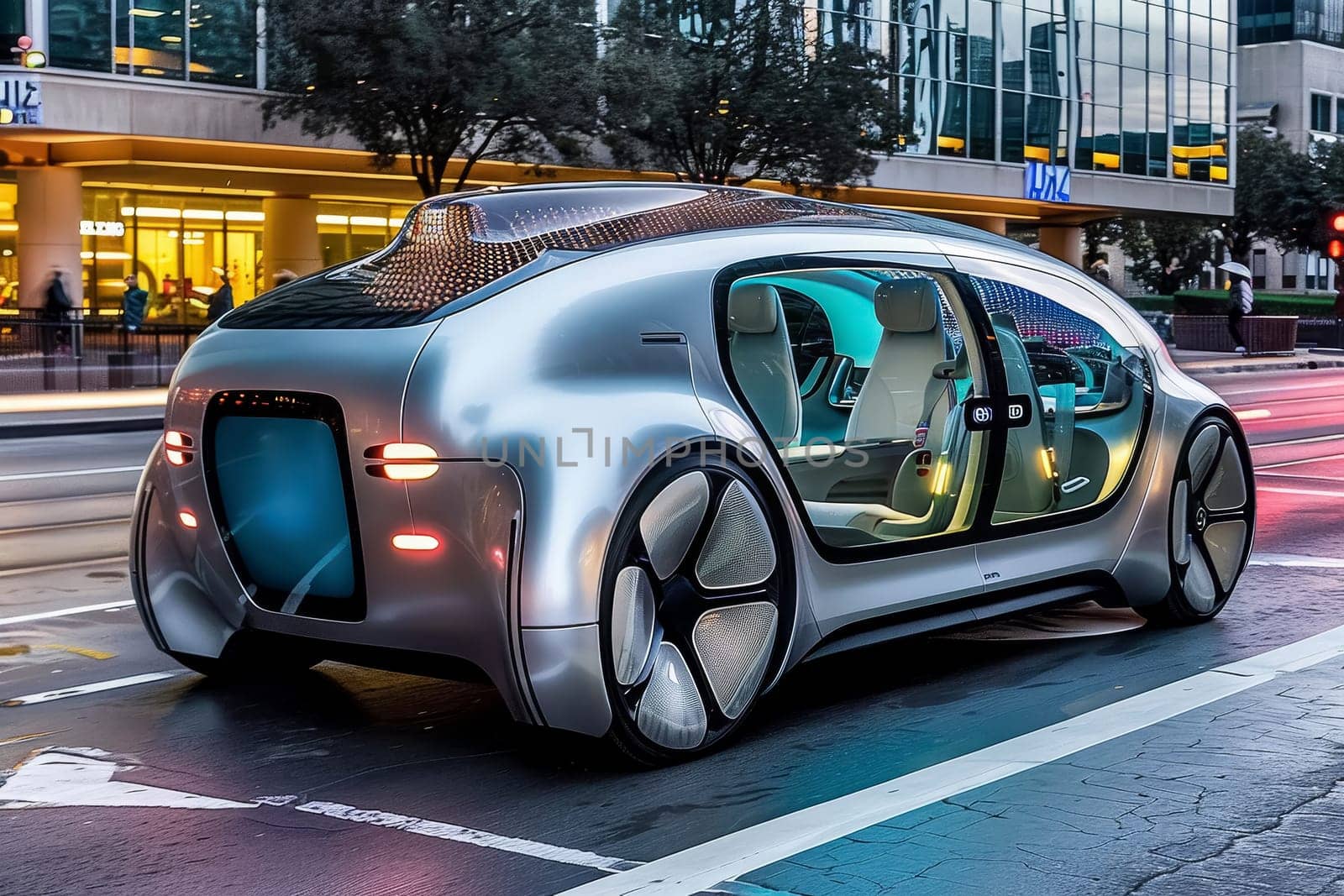 A futuristic autonomous car navigates through the bustling city streets at twilight, showcasing cutting-edge technology in urban transportation. The car's sleek design and illuminated panels highlight the blend of innovation and style