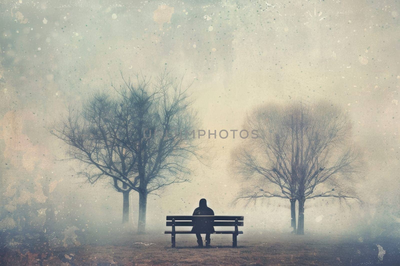 A solitary figure sits on a bench, shrouded in fog amidst a wintry park scene. This image captures the tranquil yet melancholic mood of solitude