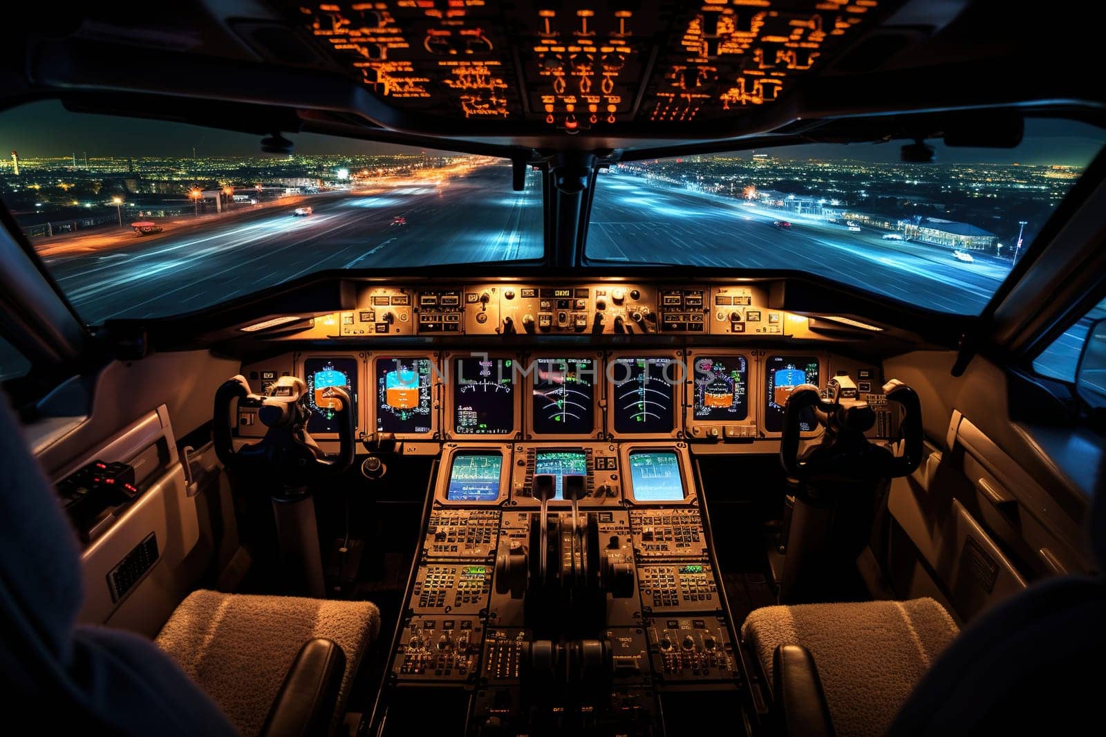 Inside view of an airplane cockpit with a glowing instrument panel.
