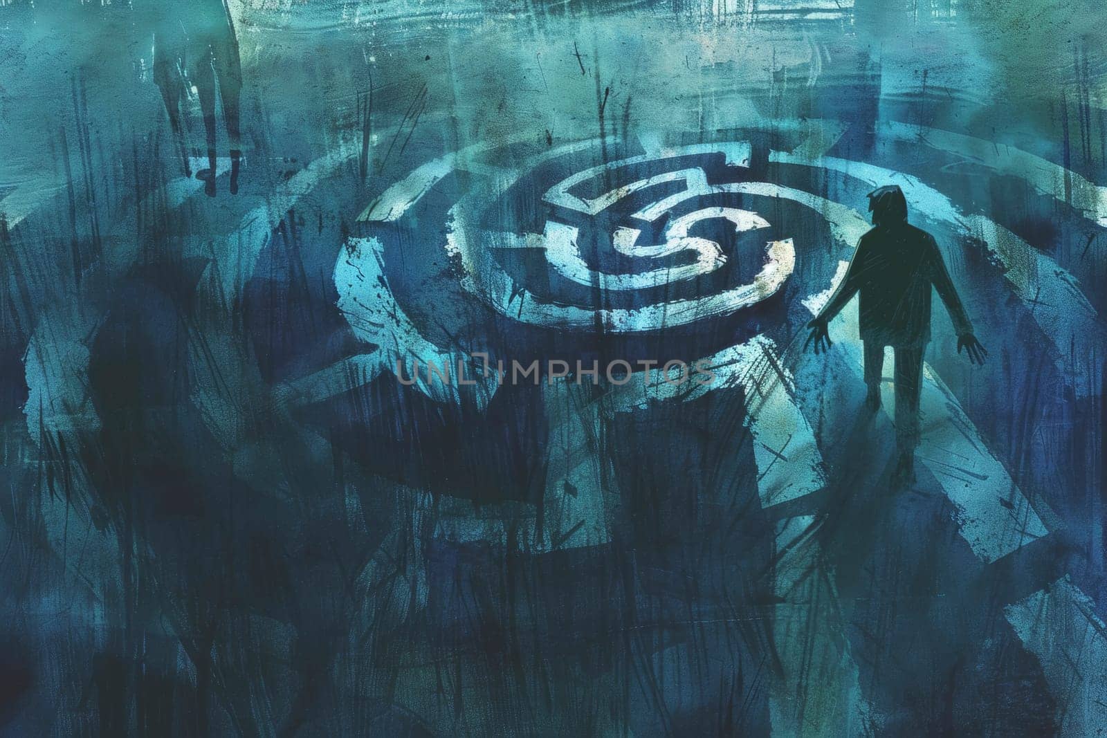 A sketched illustration portrays a symbolic journey through layers of consciousness, with a solitary figure approaching an enigmatic doorway. The artwork explores themes of self-discovery and the human psyche