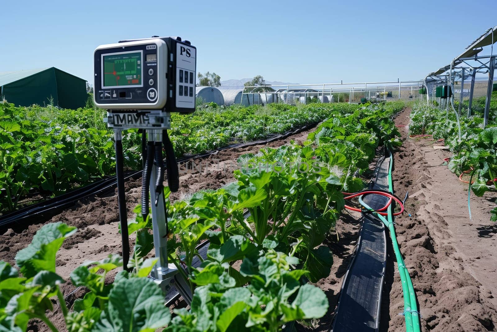 Advanced irrigation technology supports robust plant growth in a greenhouse setting, underscoring the significance of precision agriculture. The clarity of the image highlights the intricacies of modern farming techniques