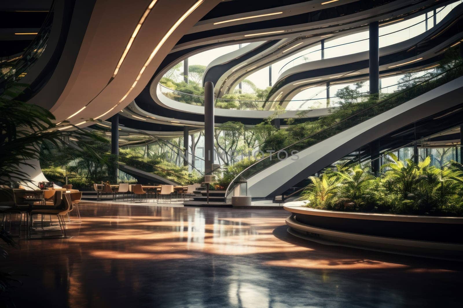 Modern Futuristic building inside floor clean. Generate Ai by ylivdesign
