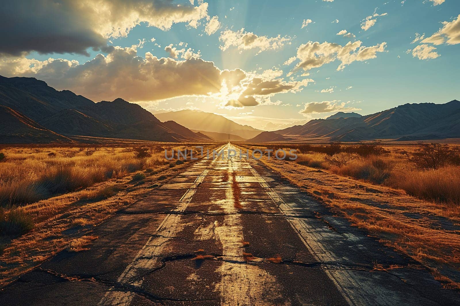 An old asphalt road in the middle of the desert in the light of the sun.