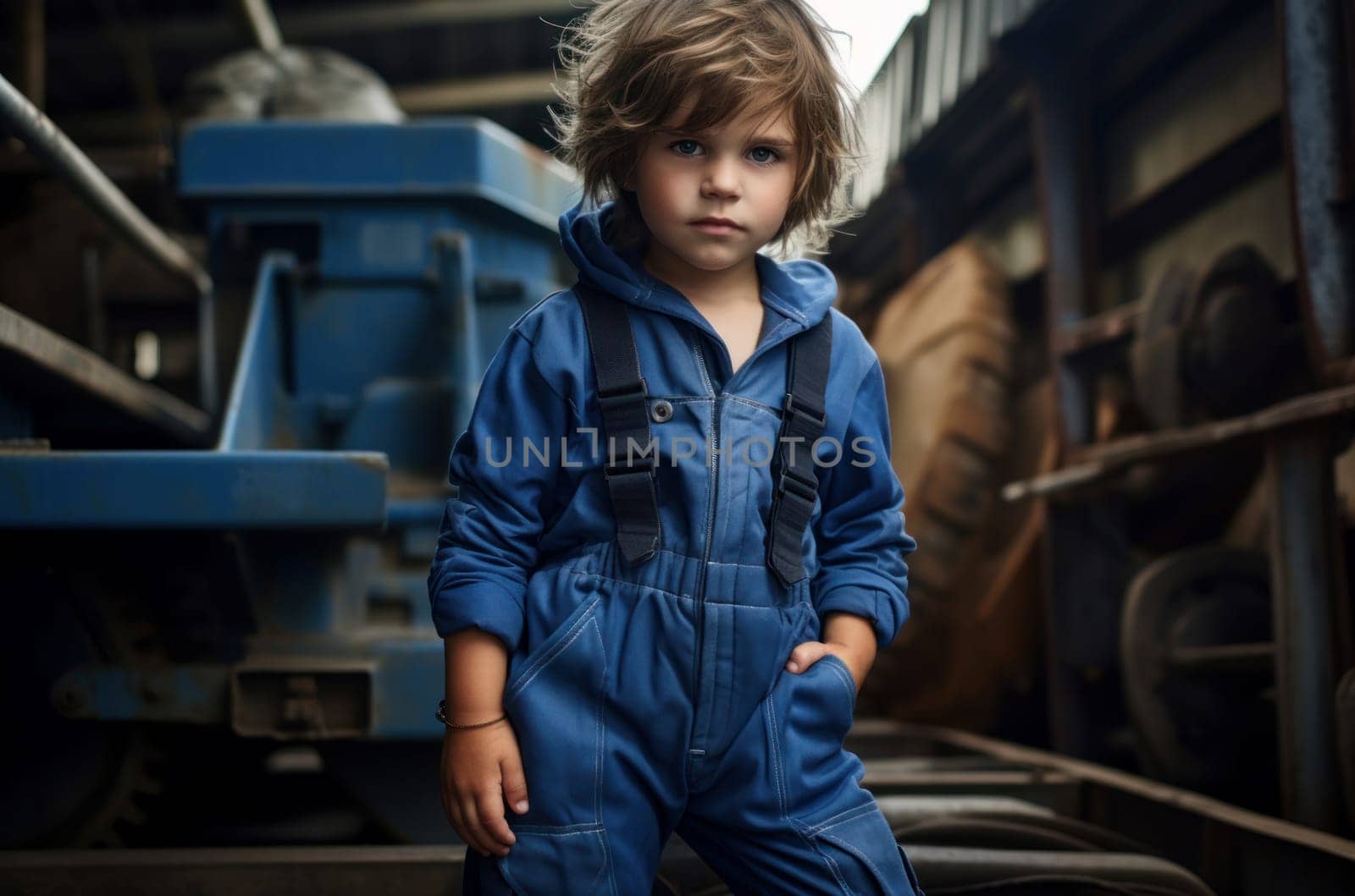 Comfortable Modern child underground bunker. Blue jumpsuit. Generate Ai