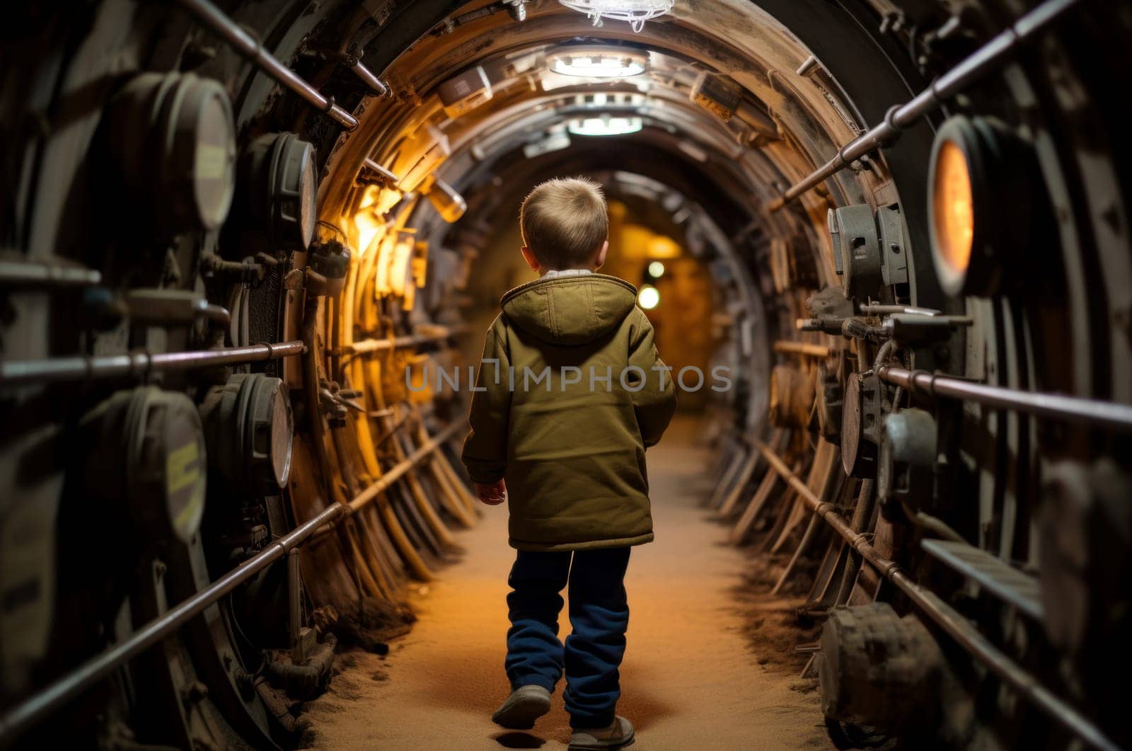 Sunless Modern child boy underground bunker. Light concrete. Generate Ai