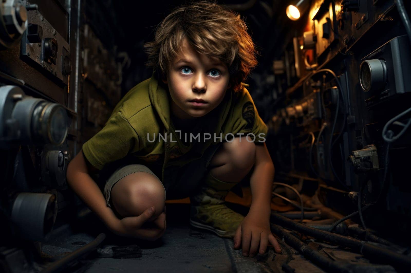 Advanced Modern child boy underground bunker. Light concrete. Generate Ai
