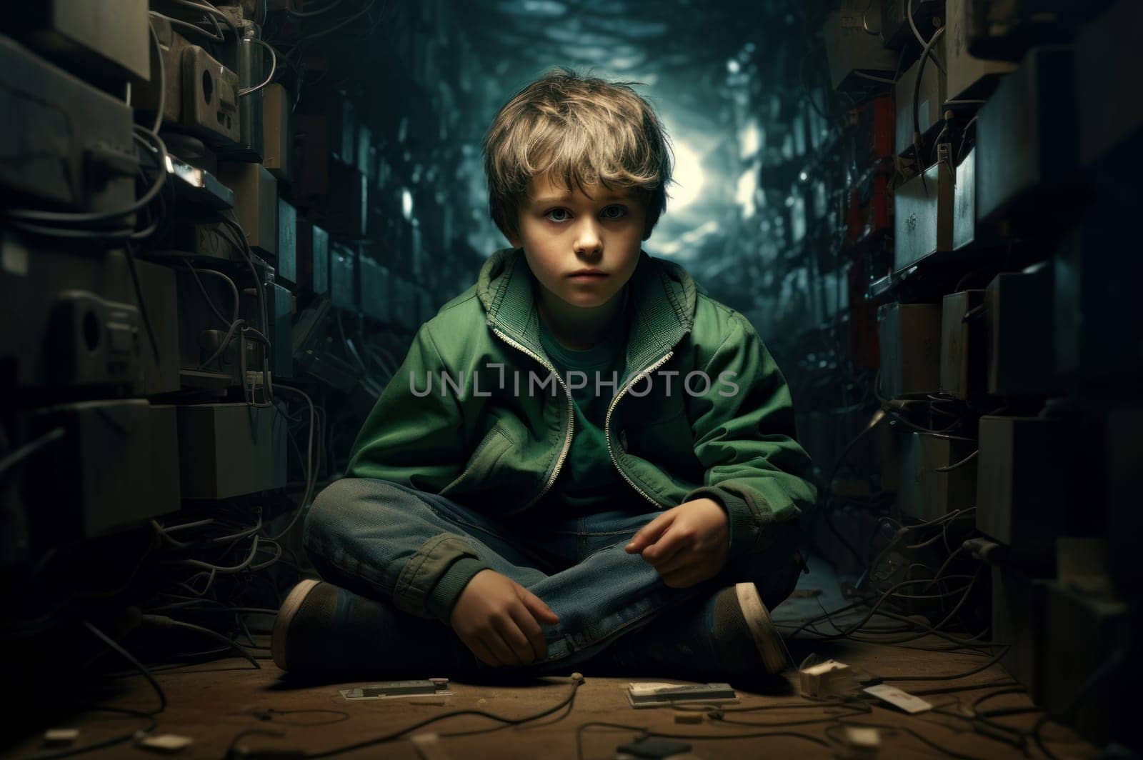 Cozy Modern child boy underground bunker. Generate Ai by ylivdesign