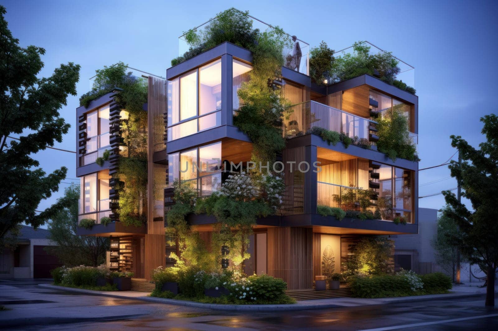 Energy-efficient Modern eco friendly homes at morning sunrise. Generate Ai by ylivdesign