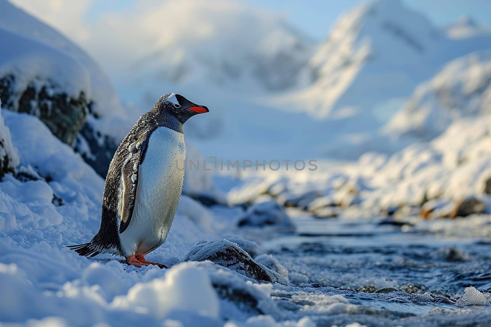 Close-up of an emperor penguin near a snow-covered rock. Generated by artificial intelligence by Vovmar