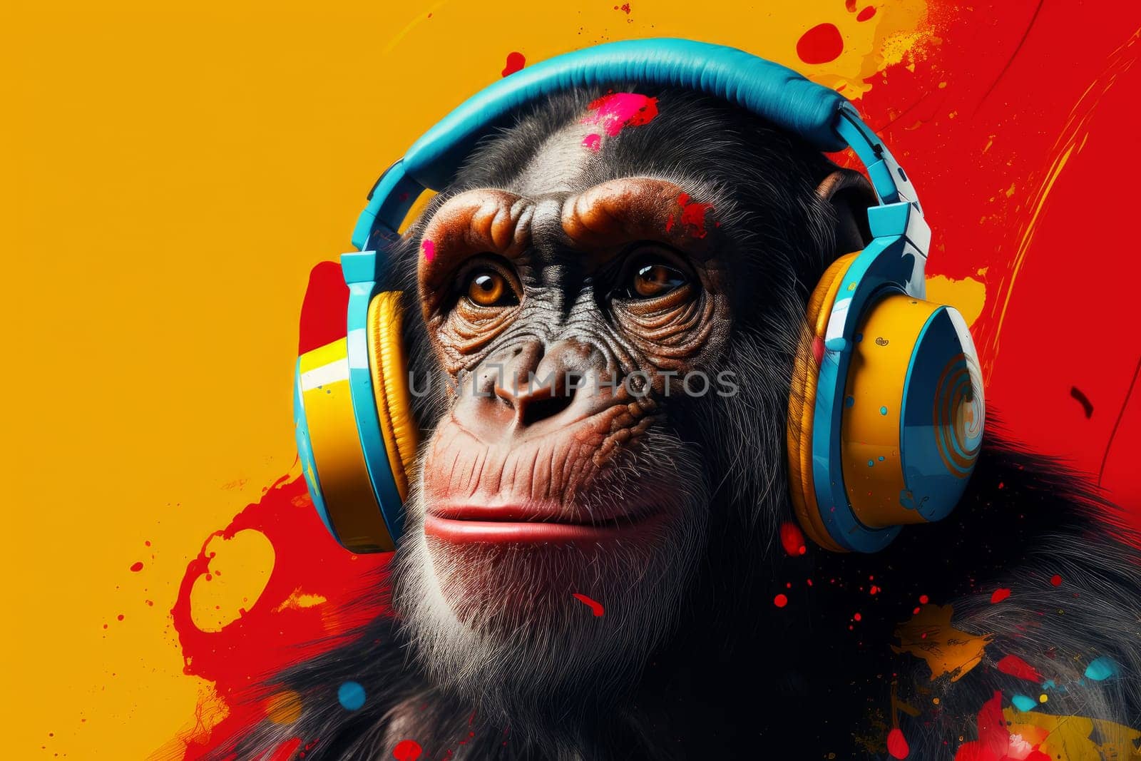 Playful Monkey headphones color music. Print sign. Generate Ai