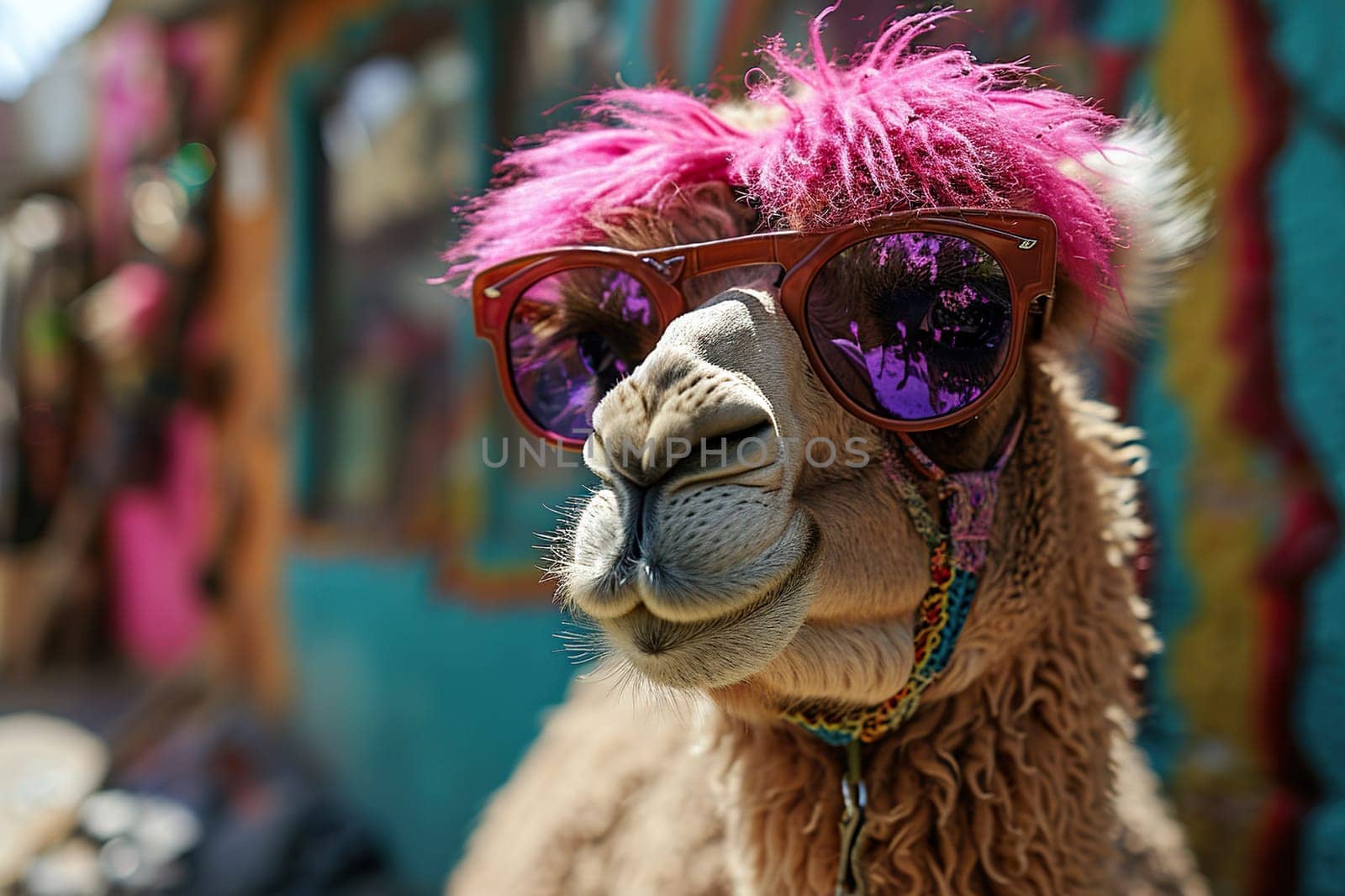 Hippie camel with a pink mane in sunglasses on a blurred background.