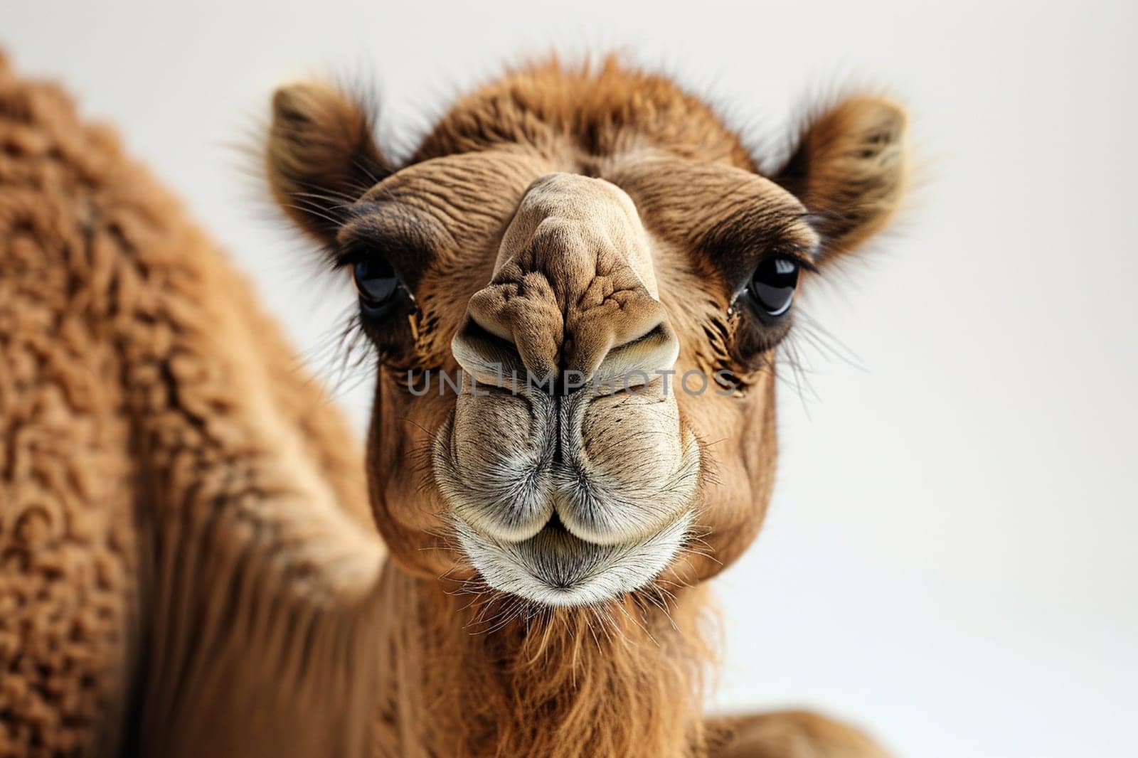 Close-up portrait of an adult camel on a white background.