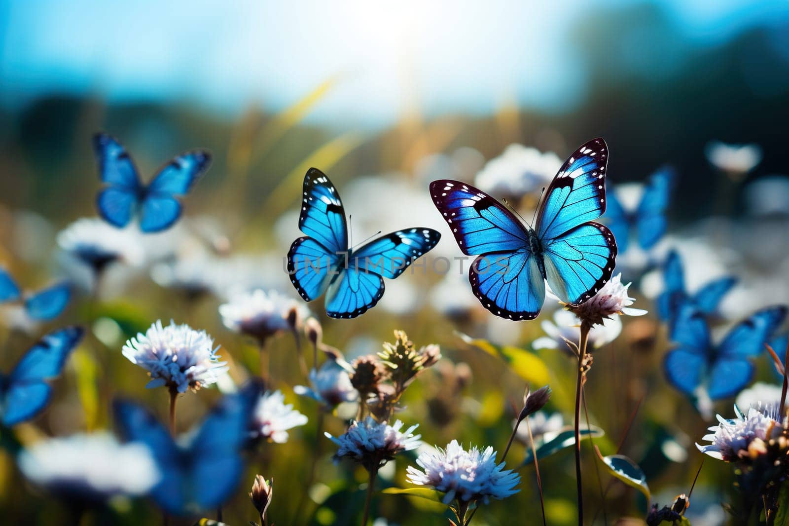 Blue butterflies fly over a field against a blue sky.