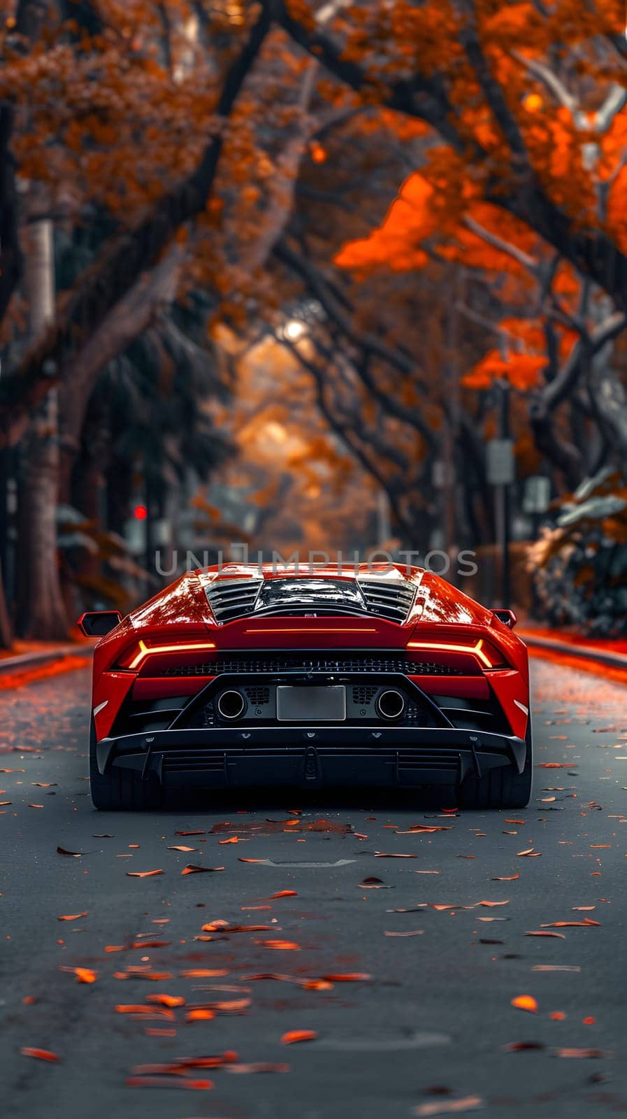 Red sports car zooms down treelined road with sleek hood and bright tail lights by Nadtochiy