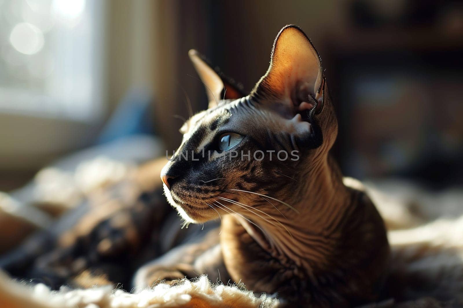 A Sphynx cat lies on a bed in the sun.