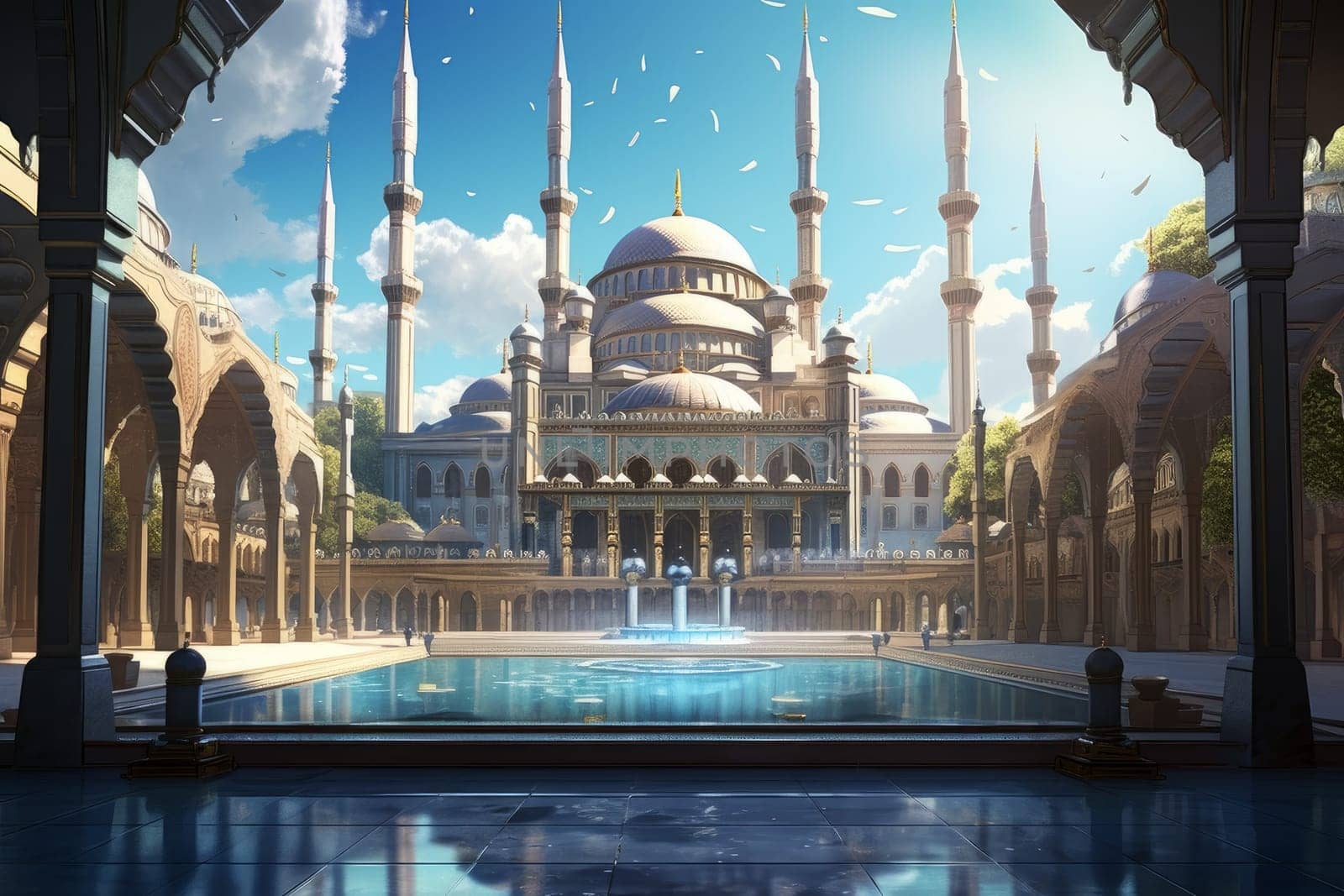 Tranquil Modern mosque sunset. Generate Ai by ylivdesign