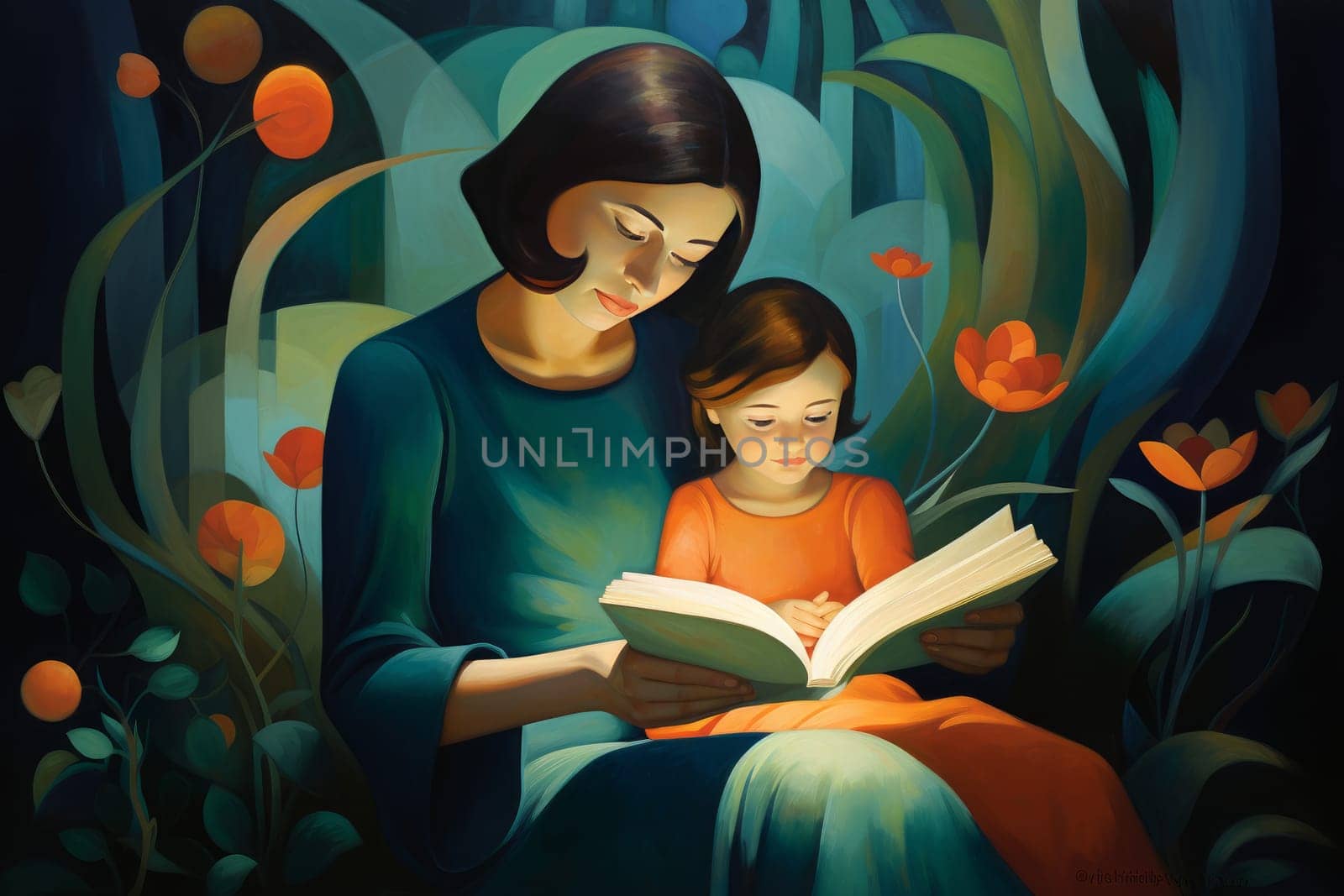 Educational Mother daughter reading at night. Generate Ai by ylivdesign