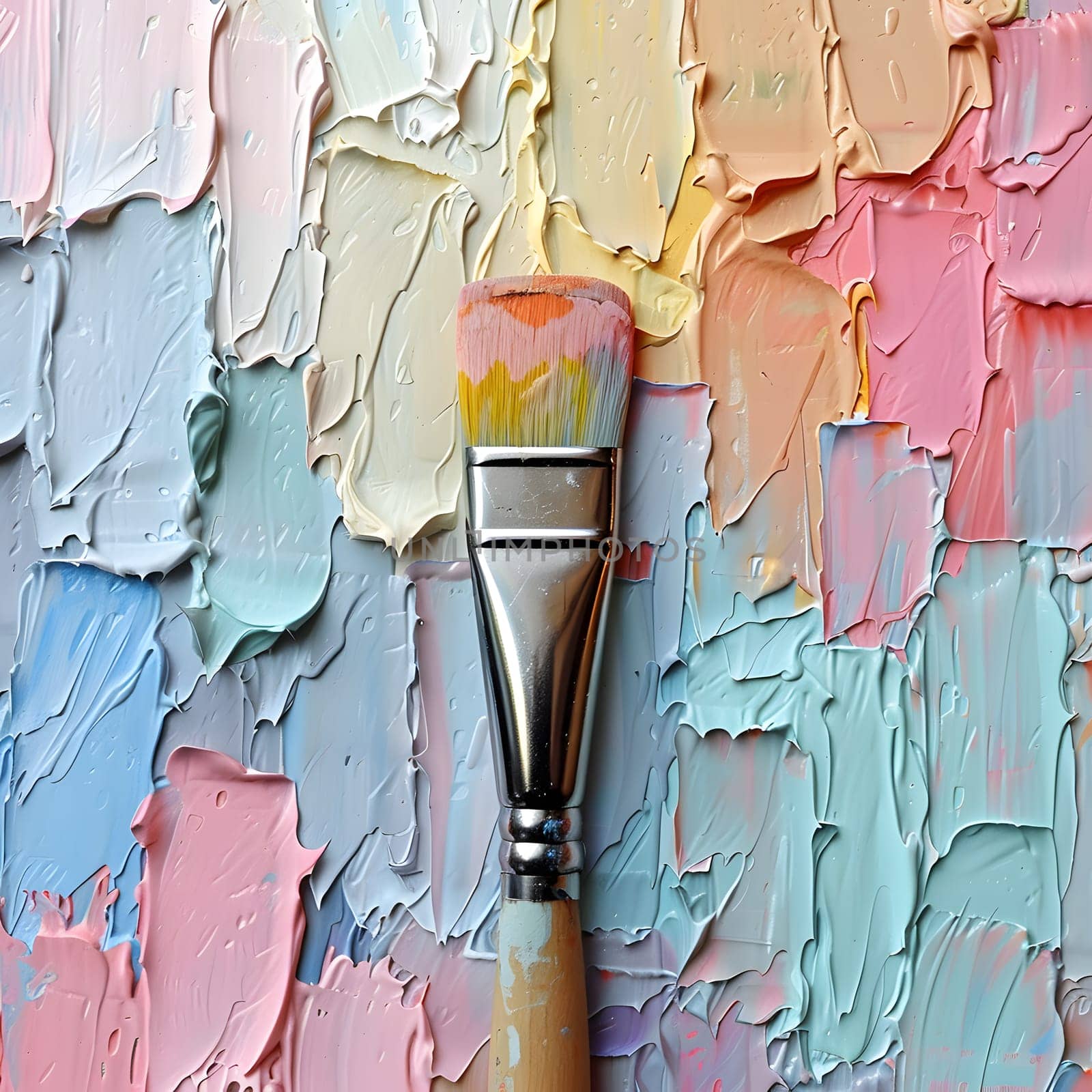 A brush rests next to a vibrant painting, showcasing the artists use of color and technique. The artwork captures the viewers attention with its bold strokes and expressive gestures