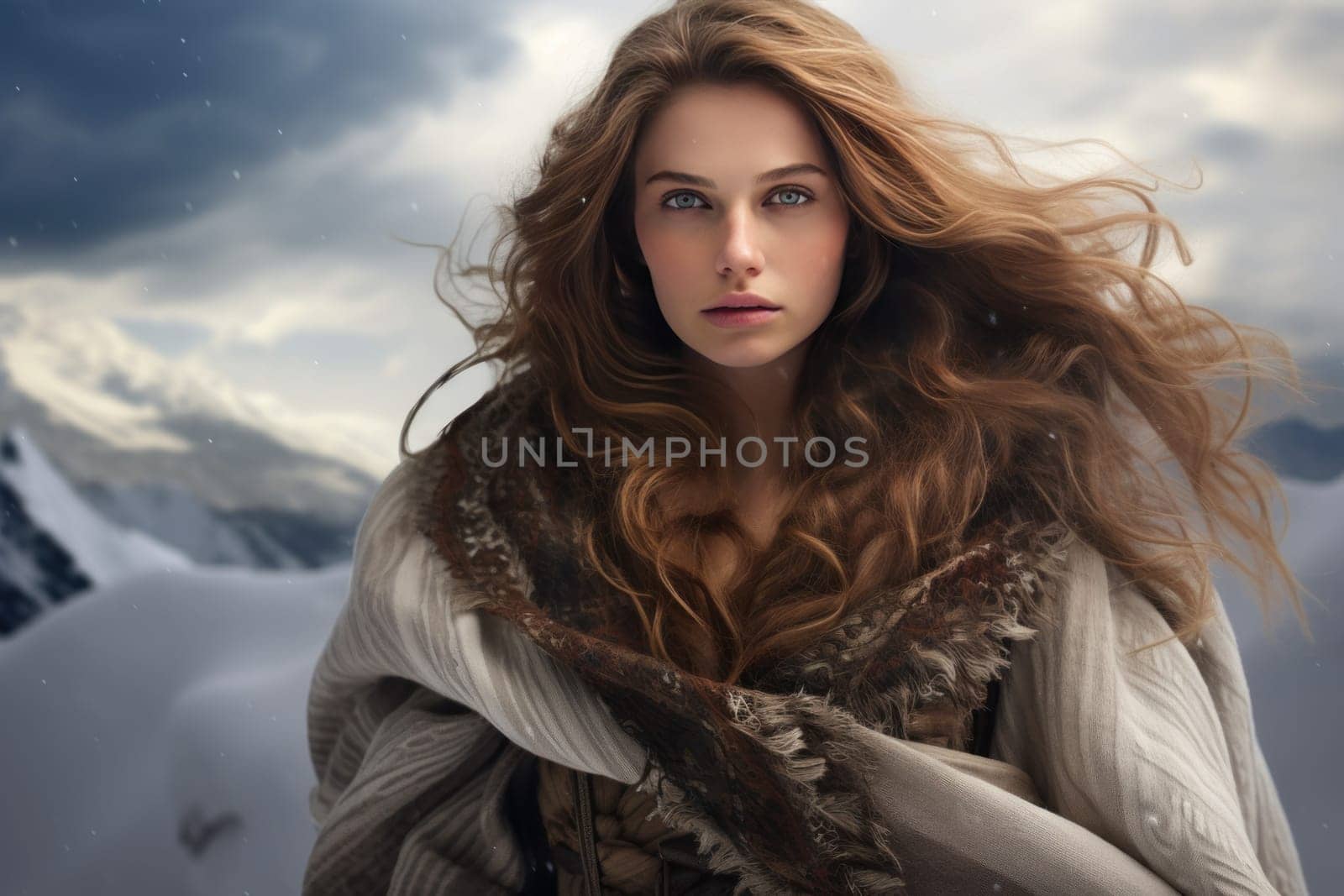 Practical Mountain white woman. Young portrait. Generate Ai