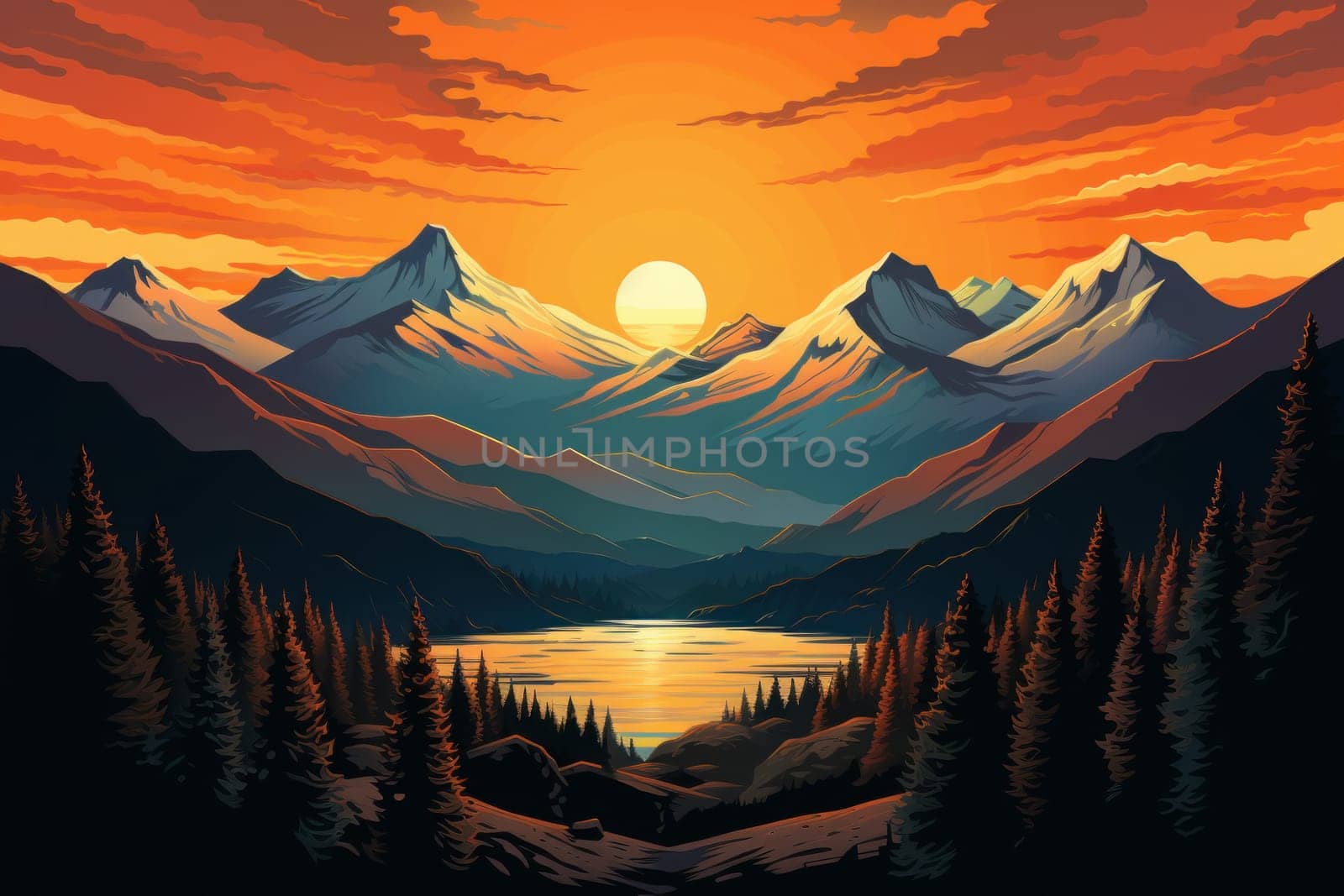 Vibrant Mountains art sunset poster. Generate Ai by ylivdesign