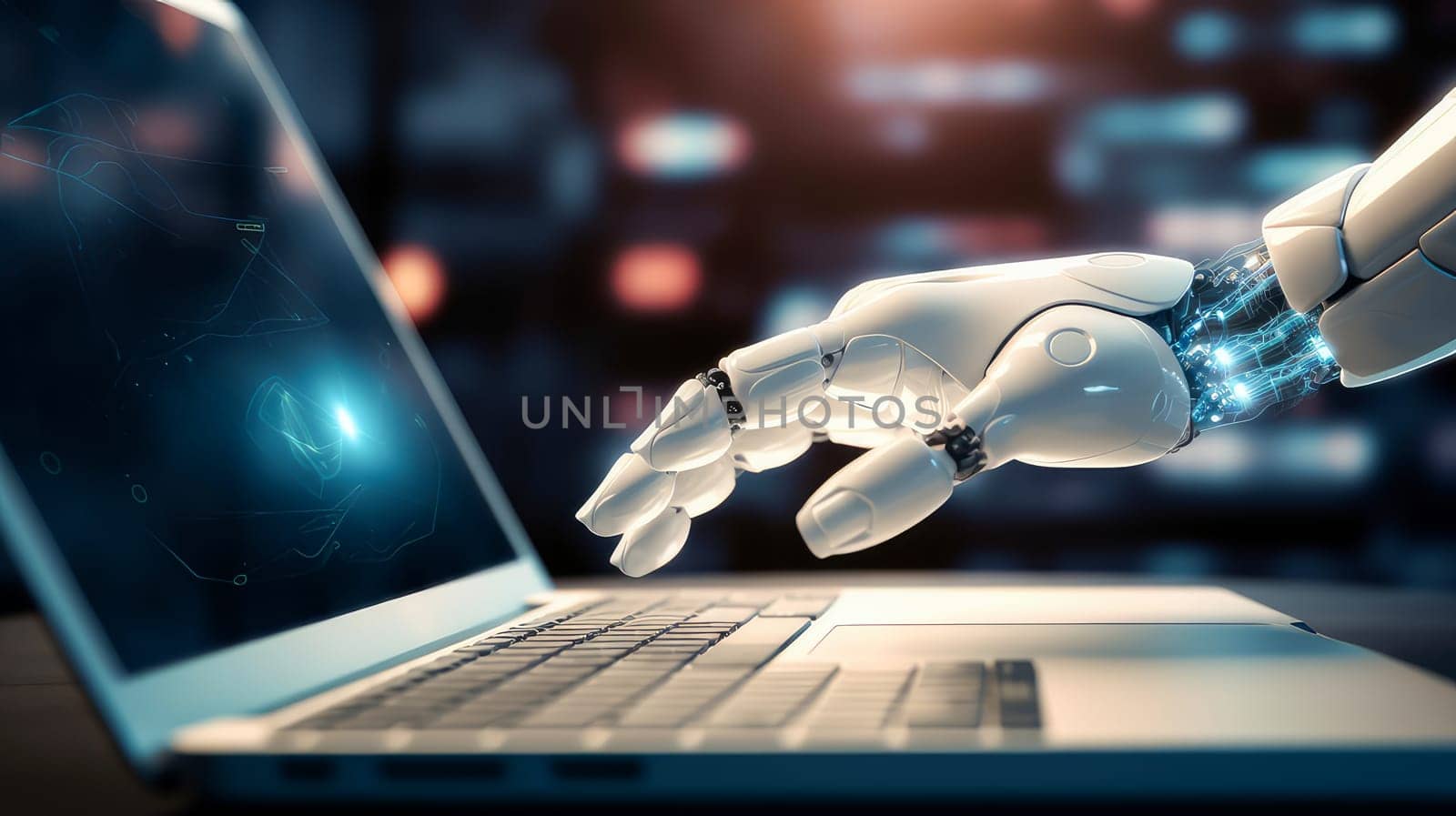 Cyborg robot hand businessman on laptop keyboard by Alla_Yurtayeva
