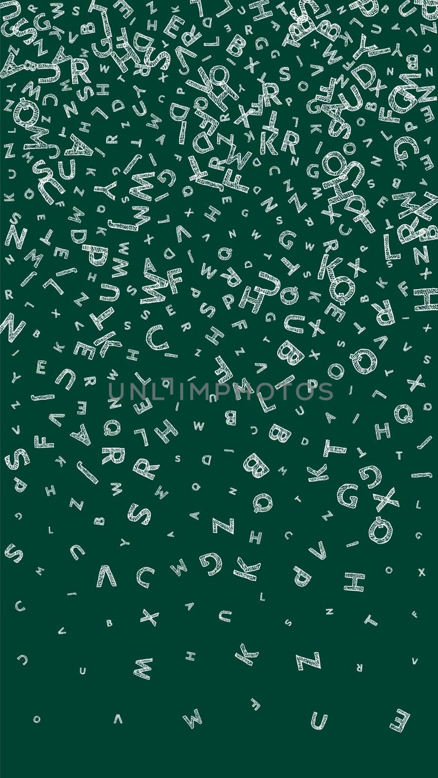 Falling letters of English language. Chalk handdrawn flying words of Latin alphabet. Foreign languages study concept. Pretty back to school banner on blackboard background.