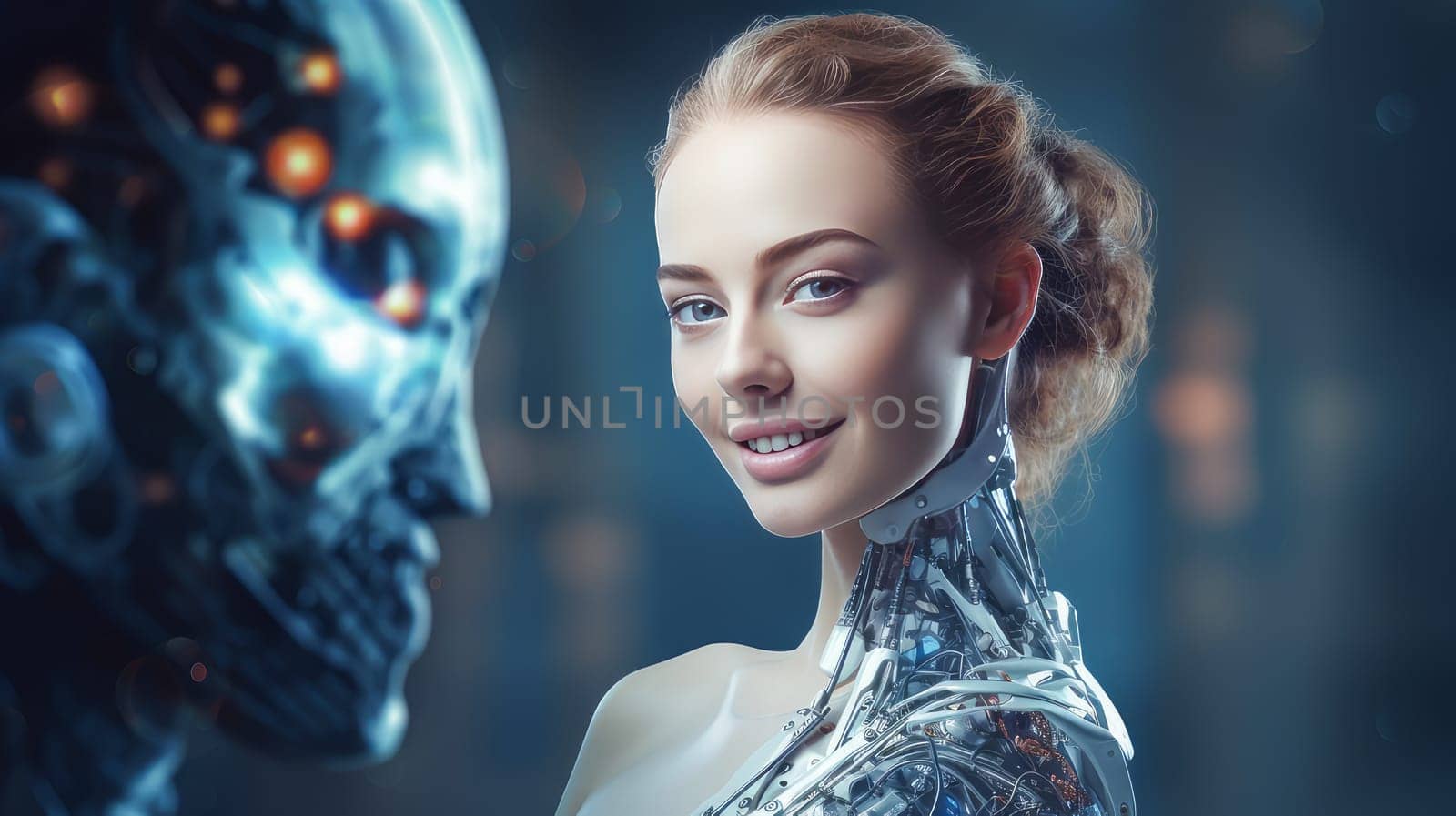 Robot cyborg woman girl person with artificial intelligence, future technology. Internet and digital technologies. Global network. Integrating technology and human interaction. Chat bot. Digital technologies of the future