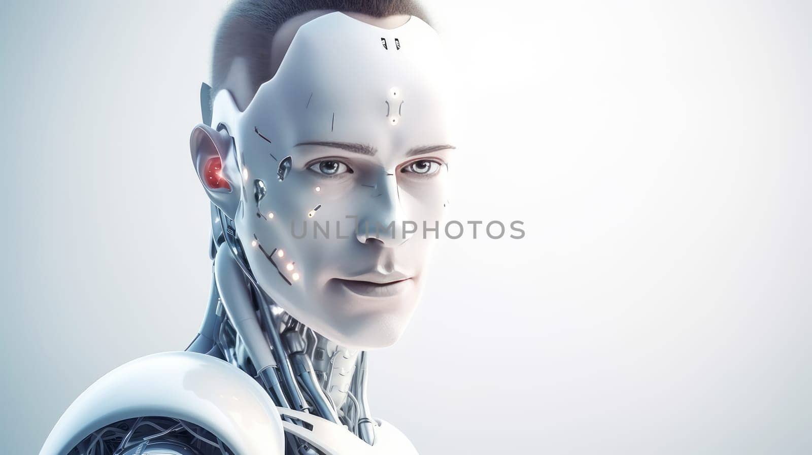 Robot cyborg man guy with artificial intelligence, future technology. Internet and digital technologies. Global network. Integrating technology and human interaction. Chat bot. Digital technologies of the future