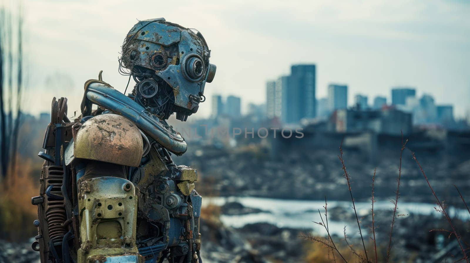 Destructions of World War. Artificial intelligence robot in a destroyed city. Fire, destruction and devastation. Old city