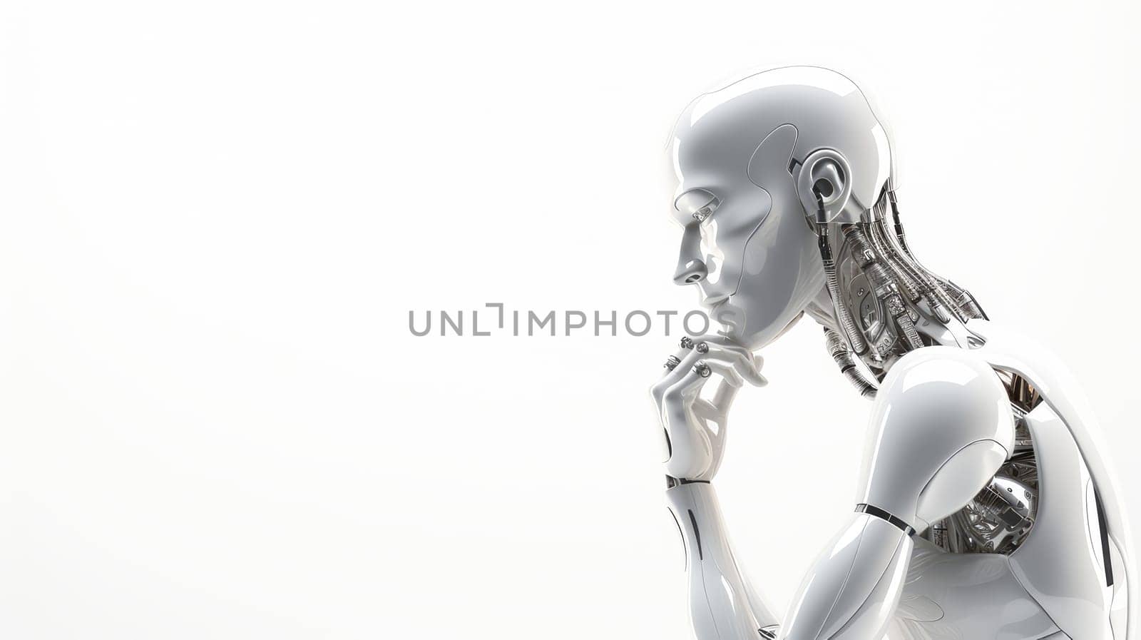 White robot with artificial intelligence on a white background, future technology. Internet and digital technologies. Global network. Integrating technology and human interaction. Chat bot. Digital technologies of the future