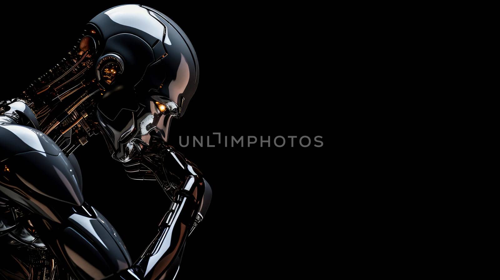 Black robot with artificial intelligence on a black background, future technology. Internet and digital technologies. Global network. Integrating technology and human interaction. Chat bot. Digital technologies of the future