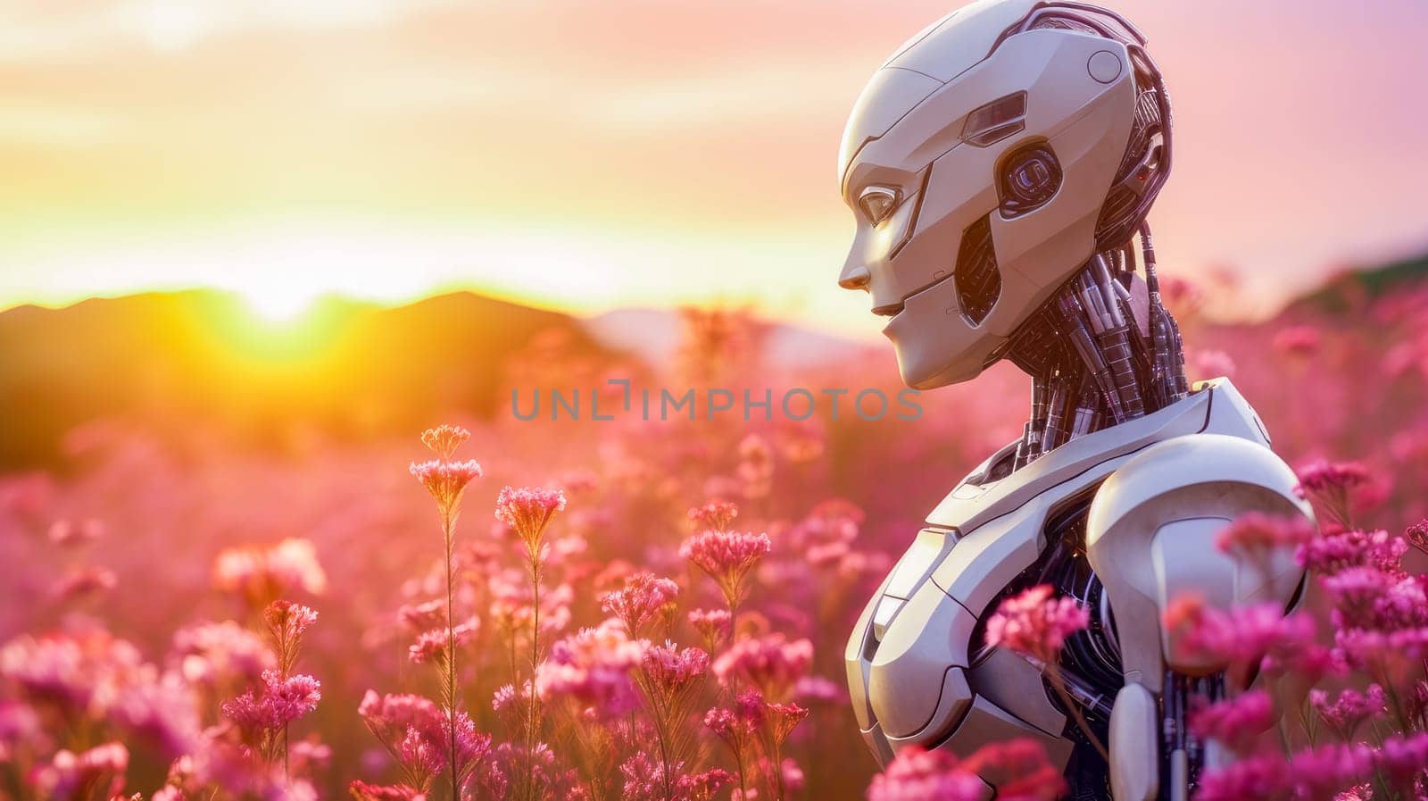 A happy smiling robot with artificial intelligence walks through a meadow of blooming flowers on a sunny day, future technology. Internet and digital technologies. Global network. Integrating technology and human interaction. Digital technologies of the future