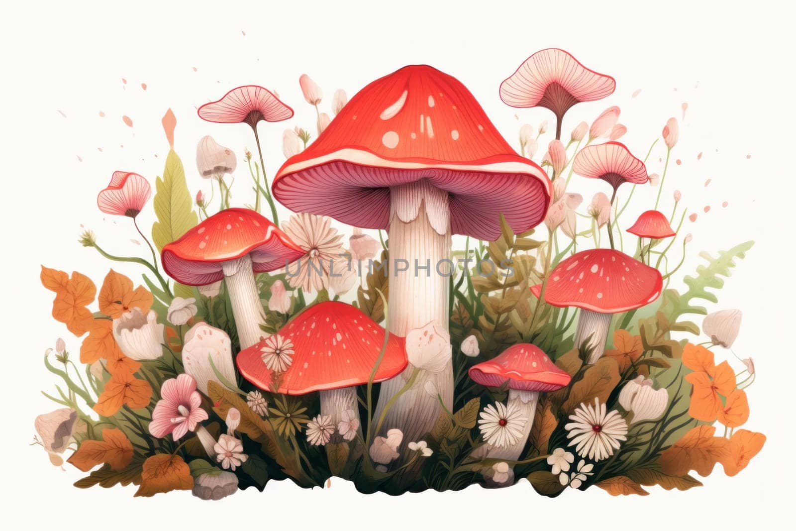 Delicate Mushroom flowers illustration field. Art drawing. Generate Ai