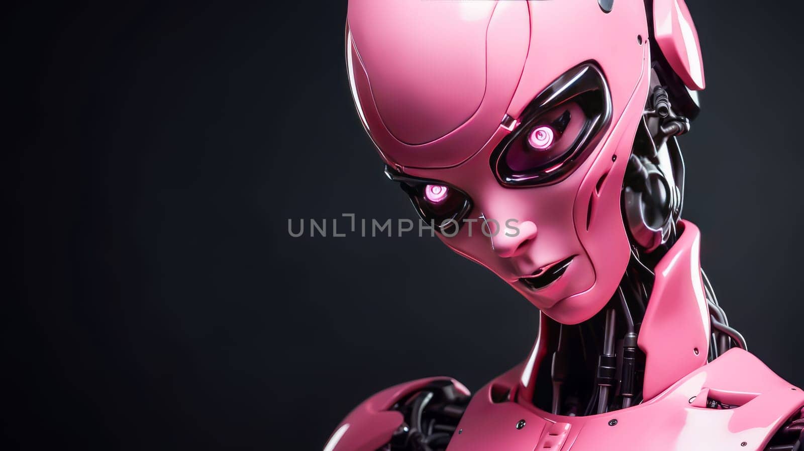 Evil pink robot with artificial intelligence, future technology on a black background. Internet and digital technologies. Global network. Integrating technology and human interaction. Chat bot. Digital technologies of the future