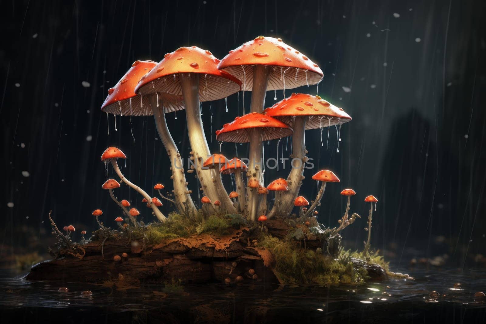 Damp Mushroom rain log. Fresh food. Generate Ai