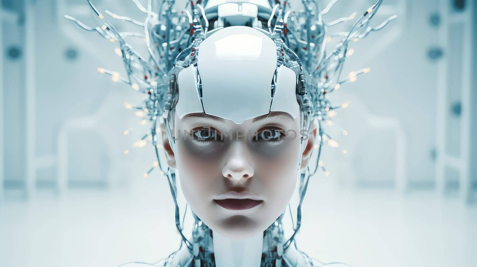 Robot cyborg woman girl person with artificial intelligence, future technology. Internet and digital technologies. Global network. Integrating technology and human interaction. Chat bot. Digital technologies of the future