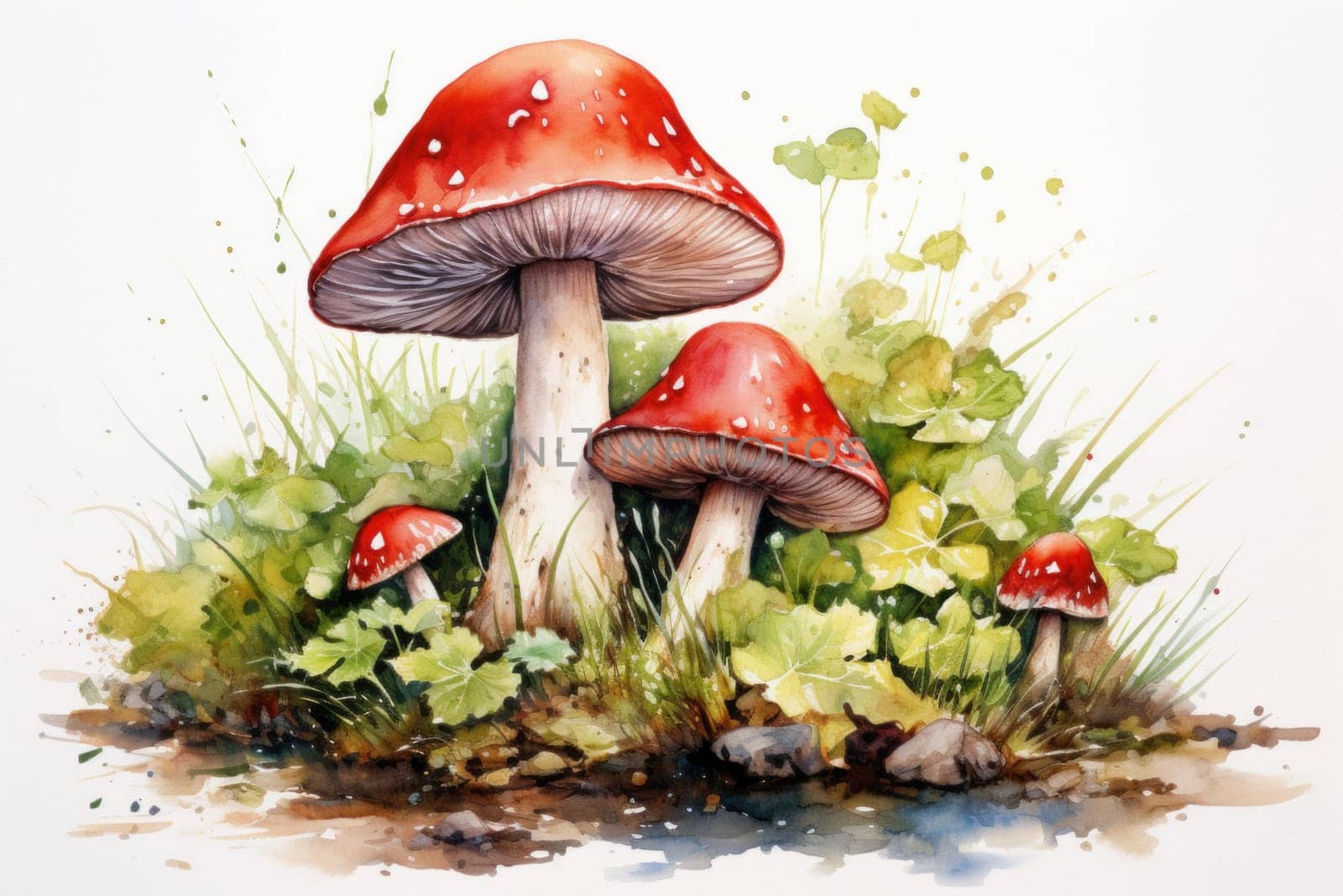 Vibrant Mushroom flowers watercolor illustration. Art leaf. Generate Ai